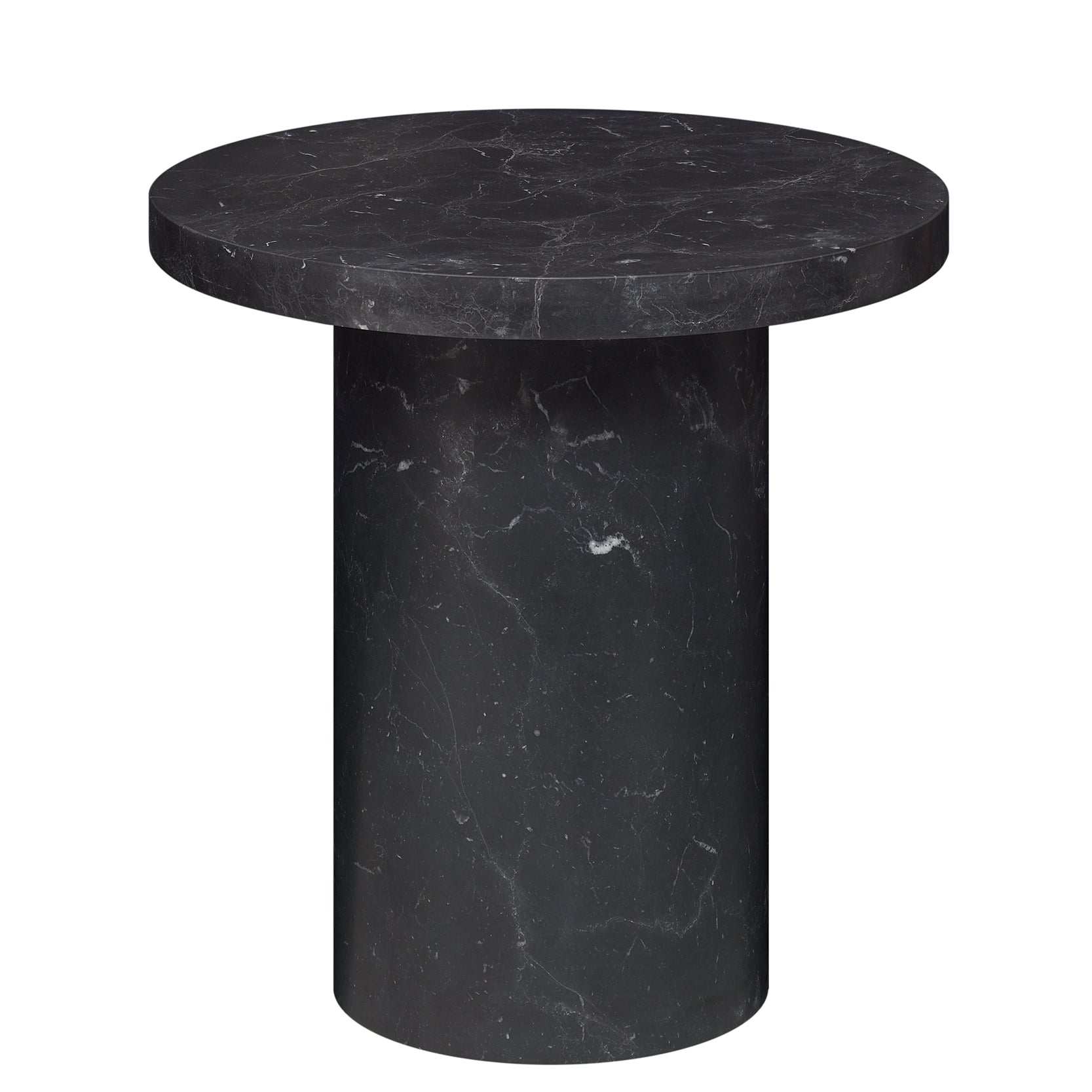 The ENOKI MIGOTO from E15 is a sleek black round marble side table with a cylindrical base. Its polished surface, featuring subtle white veining, exudes modern elegance, making it perfect for any sophisticated setting.