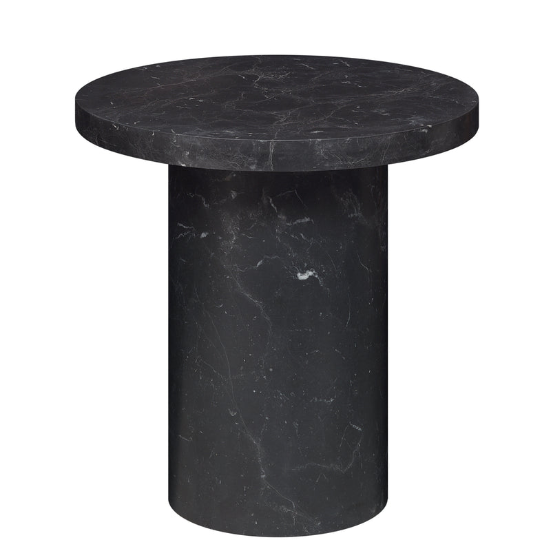 The ENOKI MIGOTO from E15 is a sleek black round marble side table with a cylindrical base. Its polished surface, featuring subtle white veining, exudes modern elegance, making it perfect for any sophisticated setting.