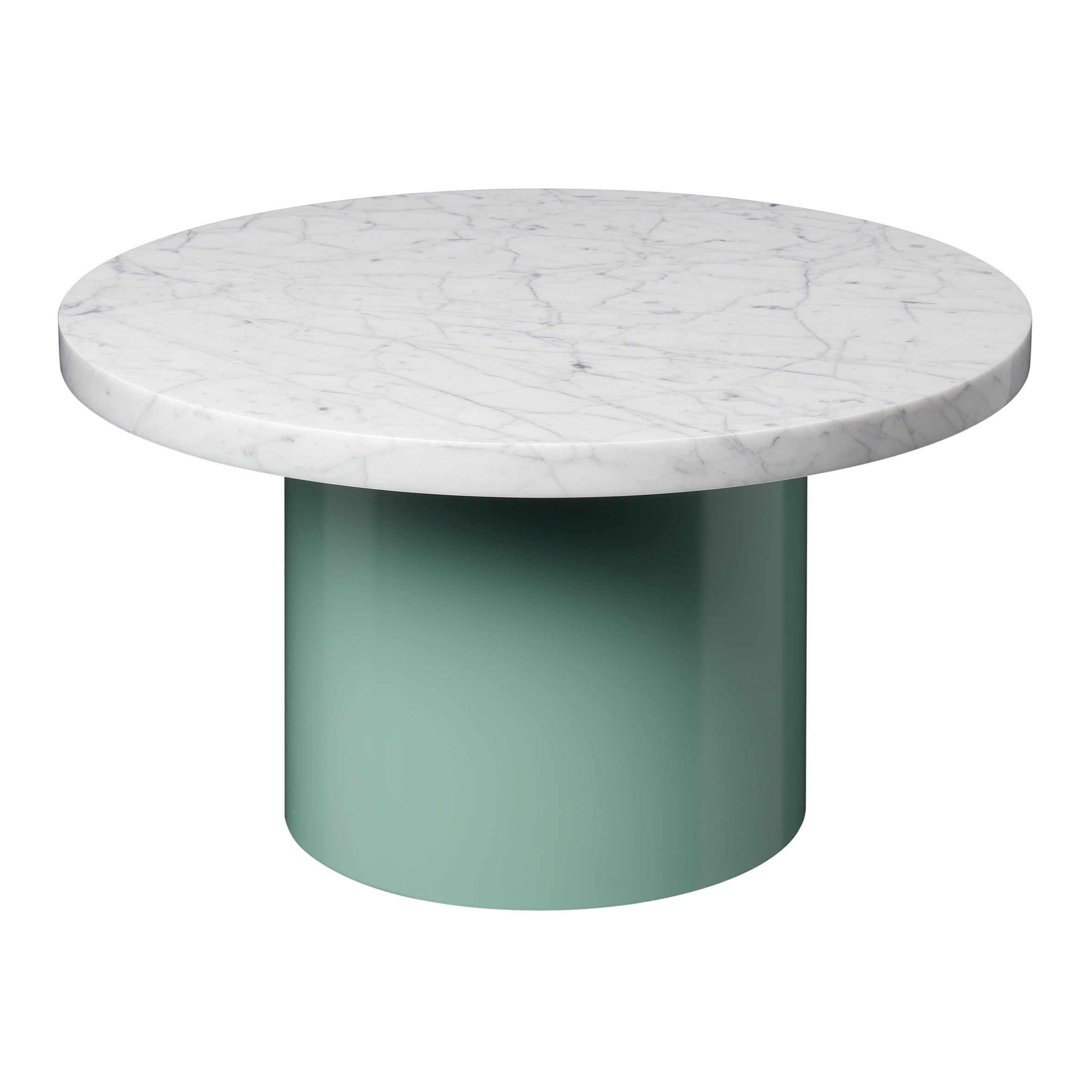 The CT09 ENOKI table by E15 boasts a luxurious marble top on a cylindrical green base, making this round coffee table an elegant addition to any space.