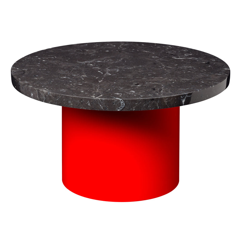 The CT09 ENOKI by E15 showcases a luxurious black marble top on a striking red cylindrical base, set against a pristine white background.