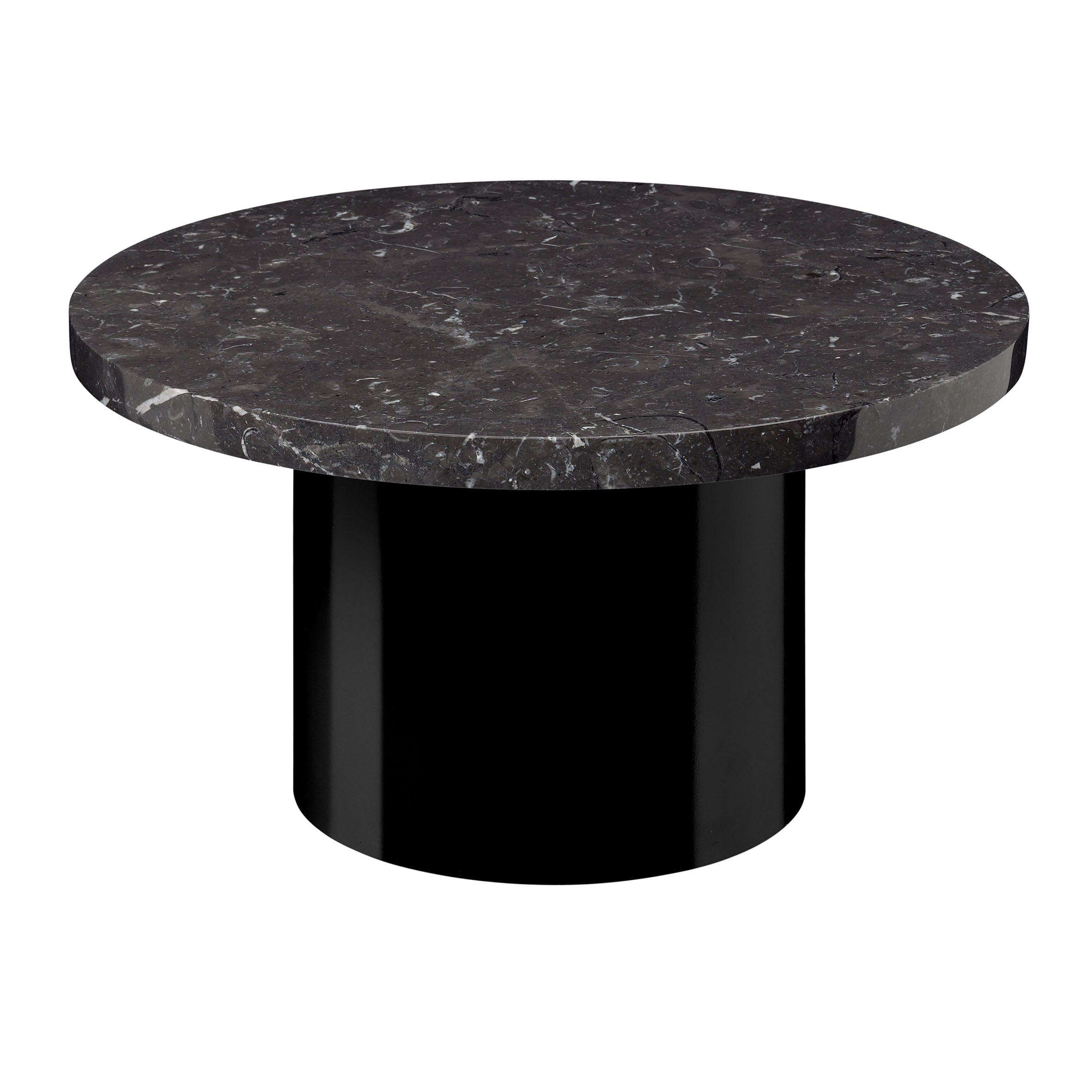 The CT09 ENOKI table by E15 boasts a minimalist, modern design with a round black marble top and cylindrical base, featuring subtle gray veining that enhances its rich finish, adding elegance to any living space.