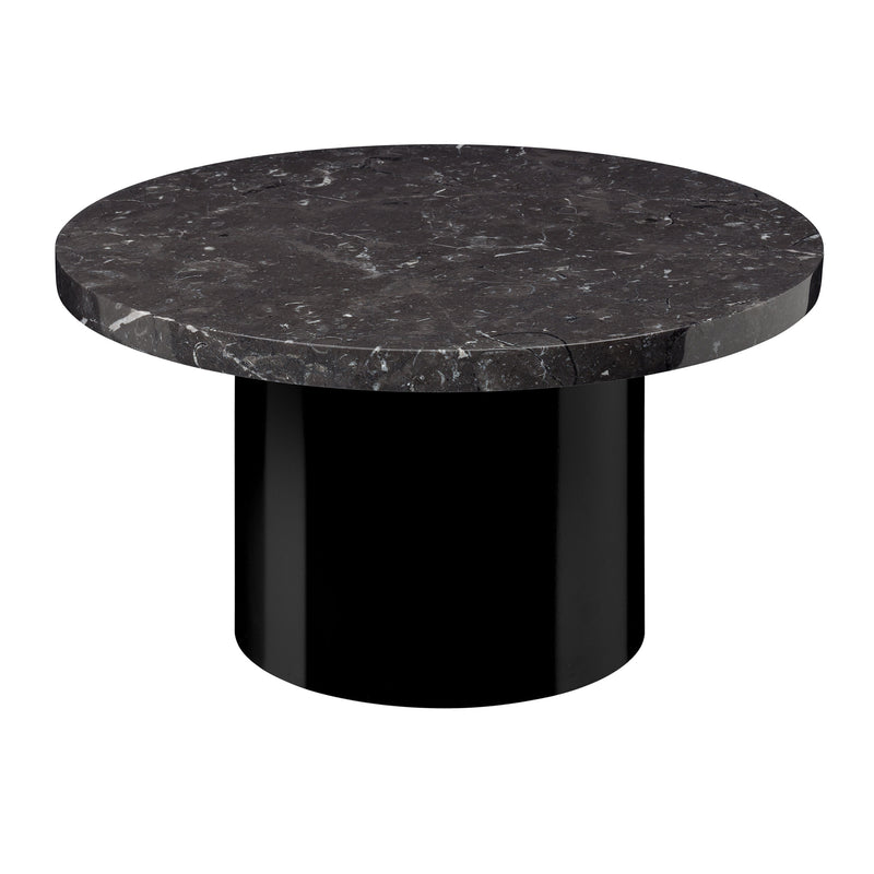 The CT09 ENOKI table by E15 boasts a minimalist, modern design with a round black marble top and cylindrical base, featuring subtle gray veining that enhances its rich finish, adding elegance to any living space.