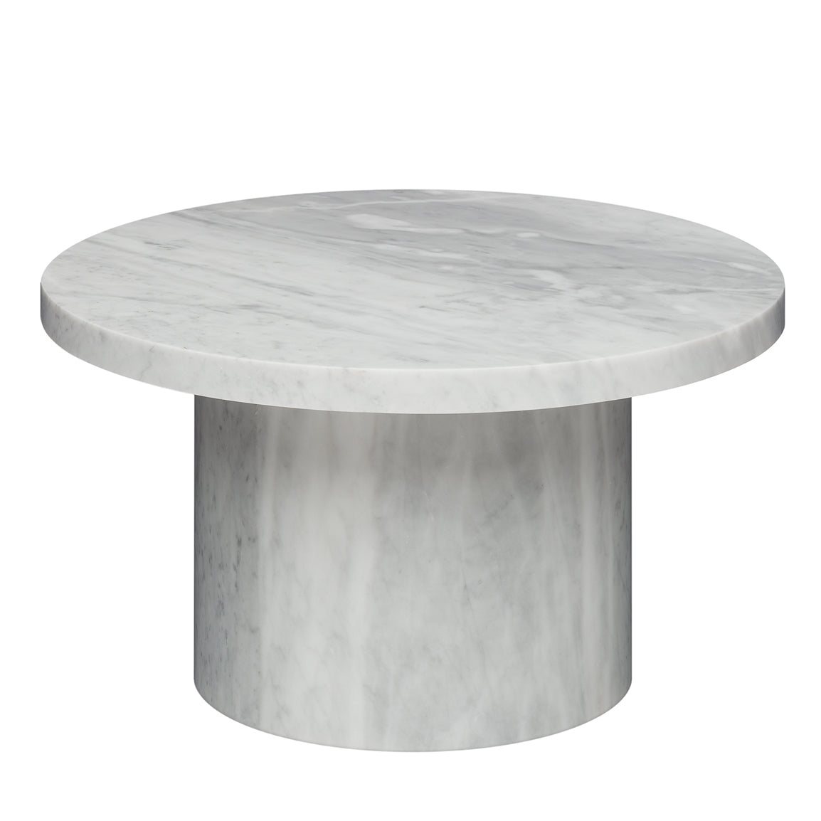 The ENOKI MIGOTO by E15 is a round, grey marble coffee table featuring a smooth surface and cylindrical base, inspired by the E15 SELECTED collection. Its sleek, minimalist design highlights the natural marble patterns.