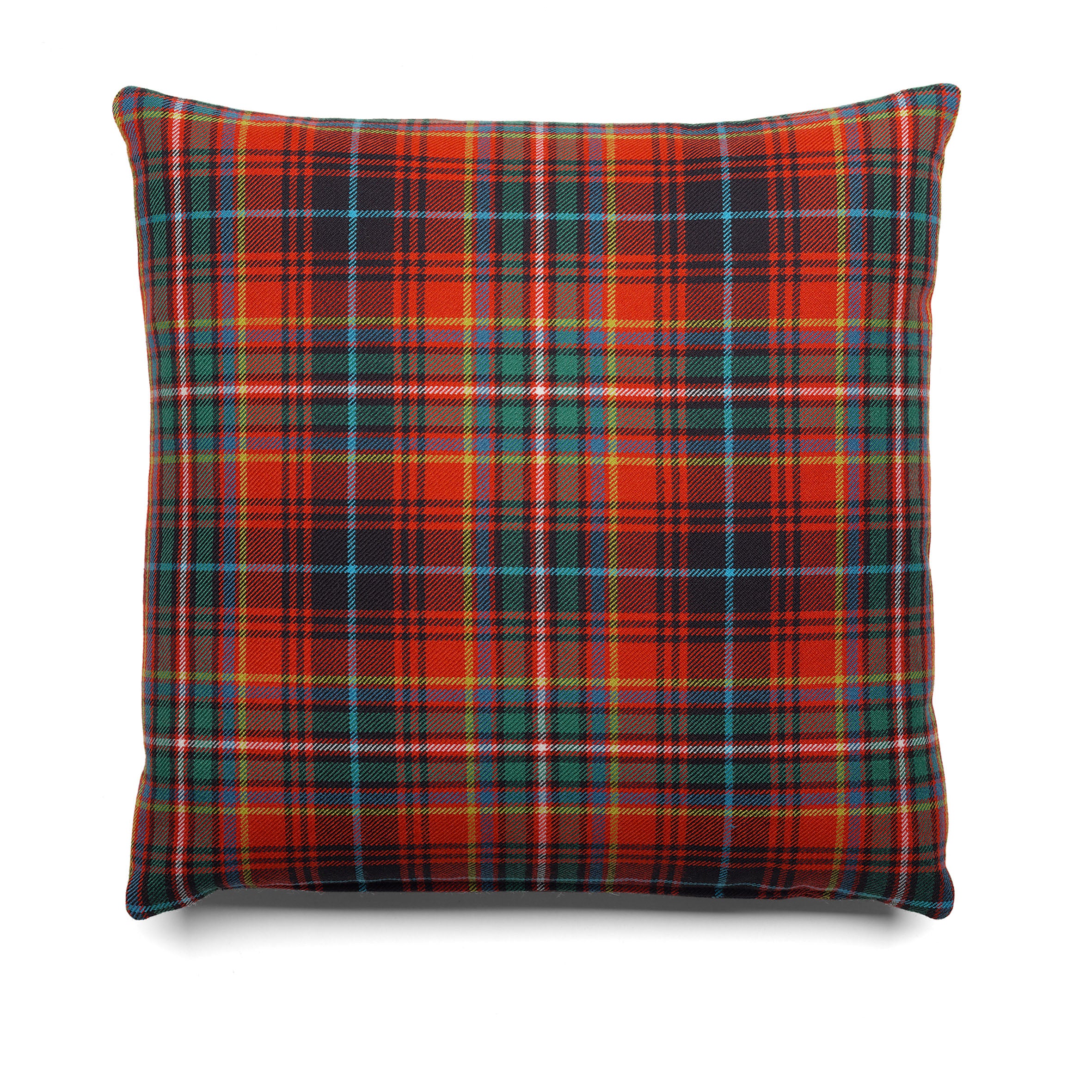 The E15 CU06 NIMA accessory cushion displays a vibrant red tartan with intersecting dark green, yellow, and white stripes, creating a classic plaid look. Its ideal as an eye-catching seating element on any plain white background.