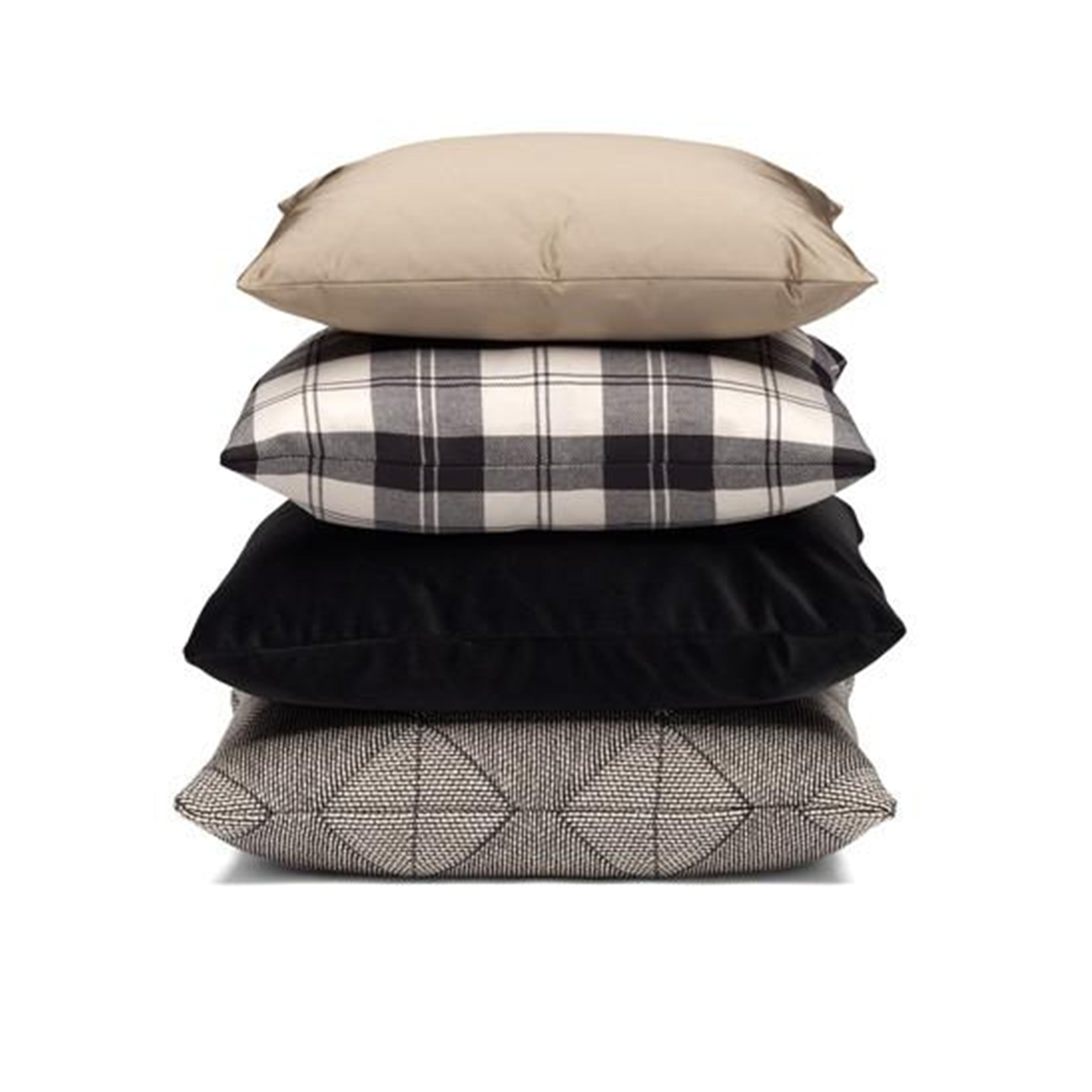 A stack of four pillows: E15s CU06 NIMA features a beige top cushion, black and white plaid second, solid black third, and a gray geometric design on the bottom. These seating elements blend fabric textures into a stylish ensemble.