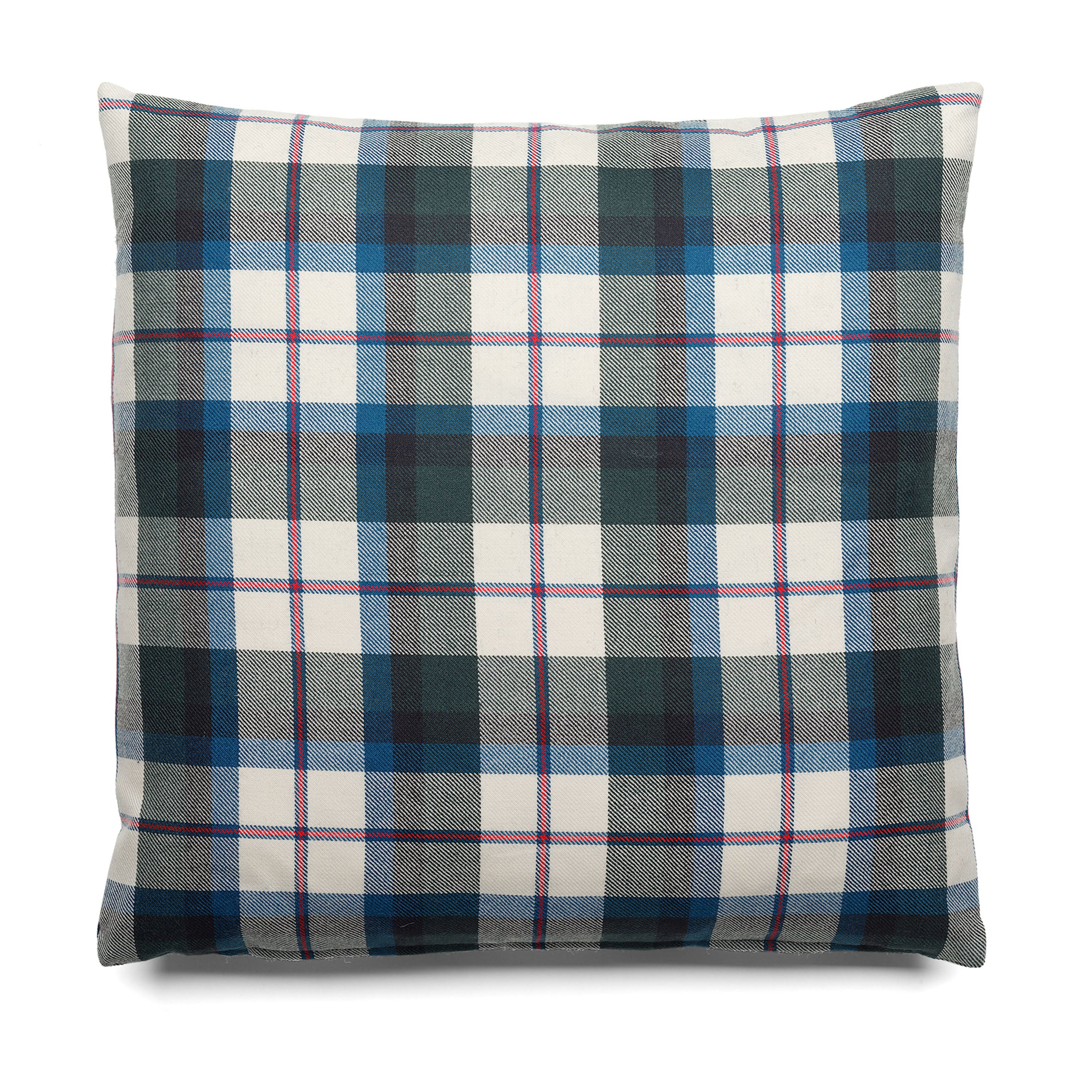 The CU06 NIMA by E15 is a square pillow adorned with a plaid pattern in green, blue, black, and white squares and thin red lines. This stylish cushion enhances any seating area, working well with both fabric and leather decor.