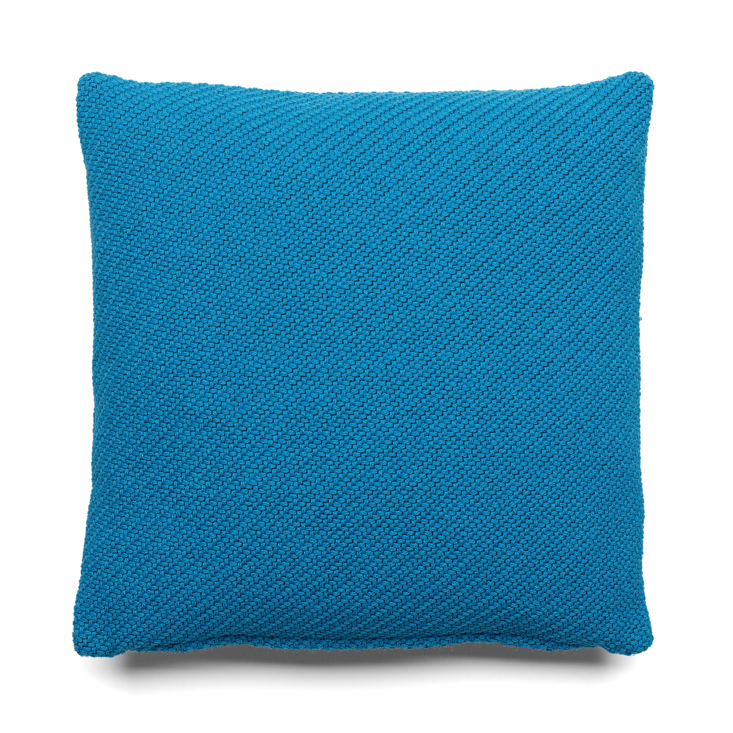 The E15 CU06 NIMA pillow, featuring a square turquoise textured knit design, is displayed against a white background, making it an ideal accessory cushion.