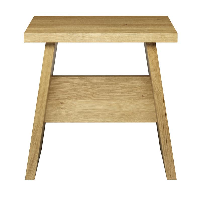 The DC03 LANGLEY table by E15 is a versatile solid wood piece with an A-frame design, a rectangular top, and a horizontal support panel between angled legs, all in a natural wood finish that complements any decor.