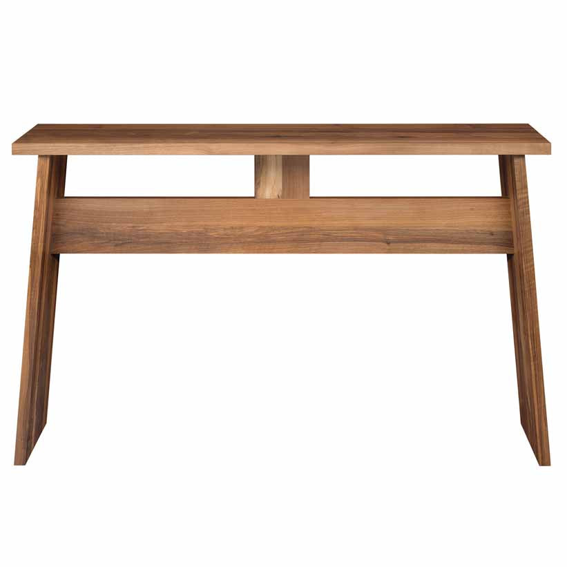 The DC04 DRAYTON sideboard by E15 is crafted from European walnut with a minimalist design. It features a flat rectangular top, two wide legs, and a horizontal support beam. The natural finish highlights its rich grain patterns for an elegant touch.