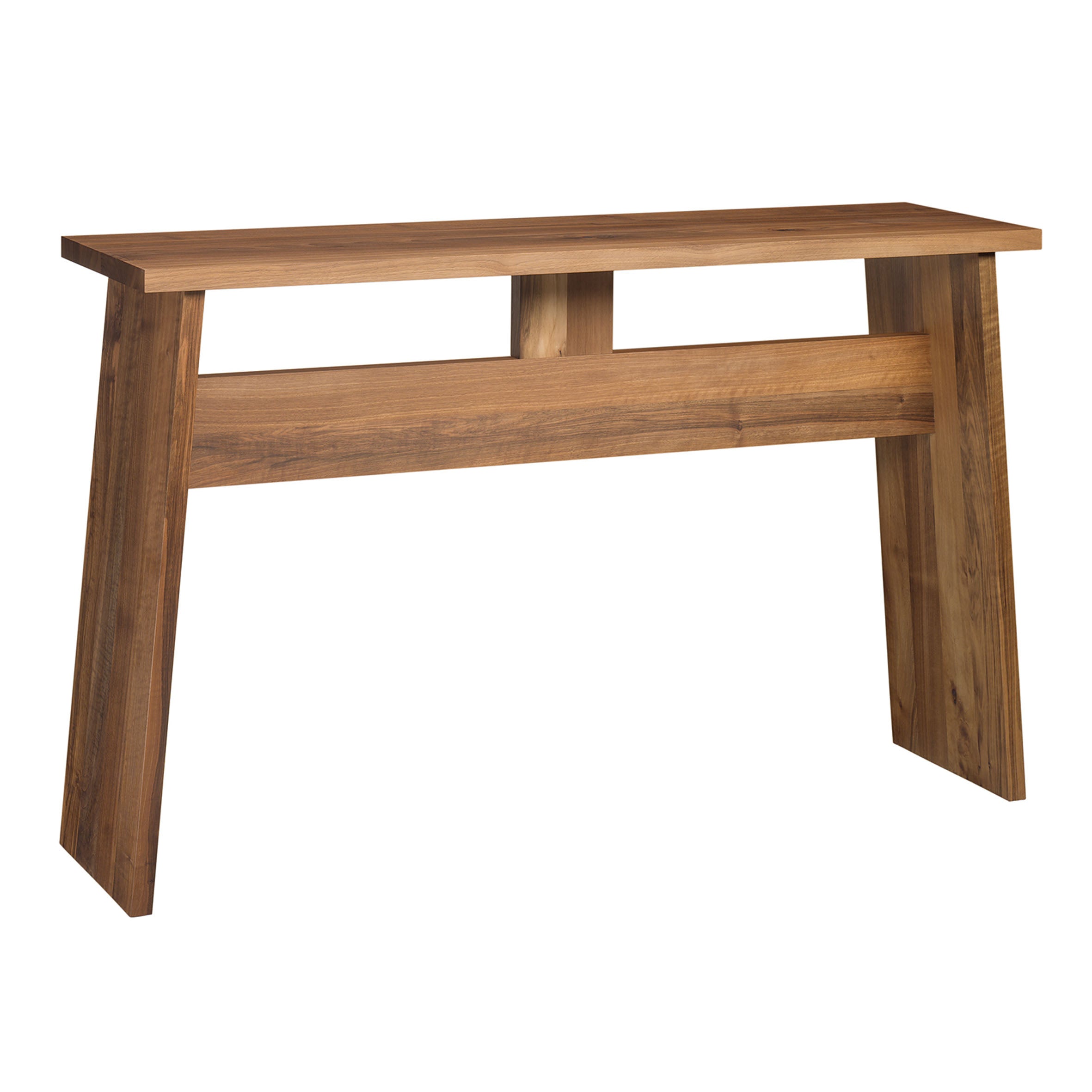 The DC04 DRAYTON by E15 is a minimalist wooden console table with a rectangular top and two angled legs crafted from European walnut. Its natural finish enhances the woods grain, and a horizontal support beam adds subtle elegance.