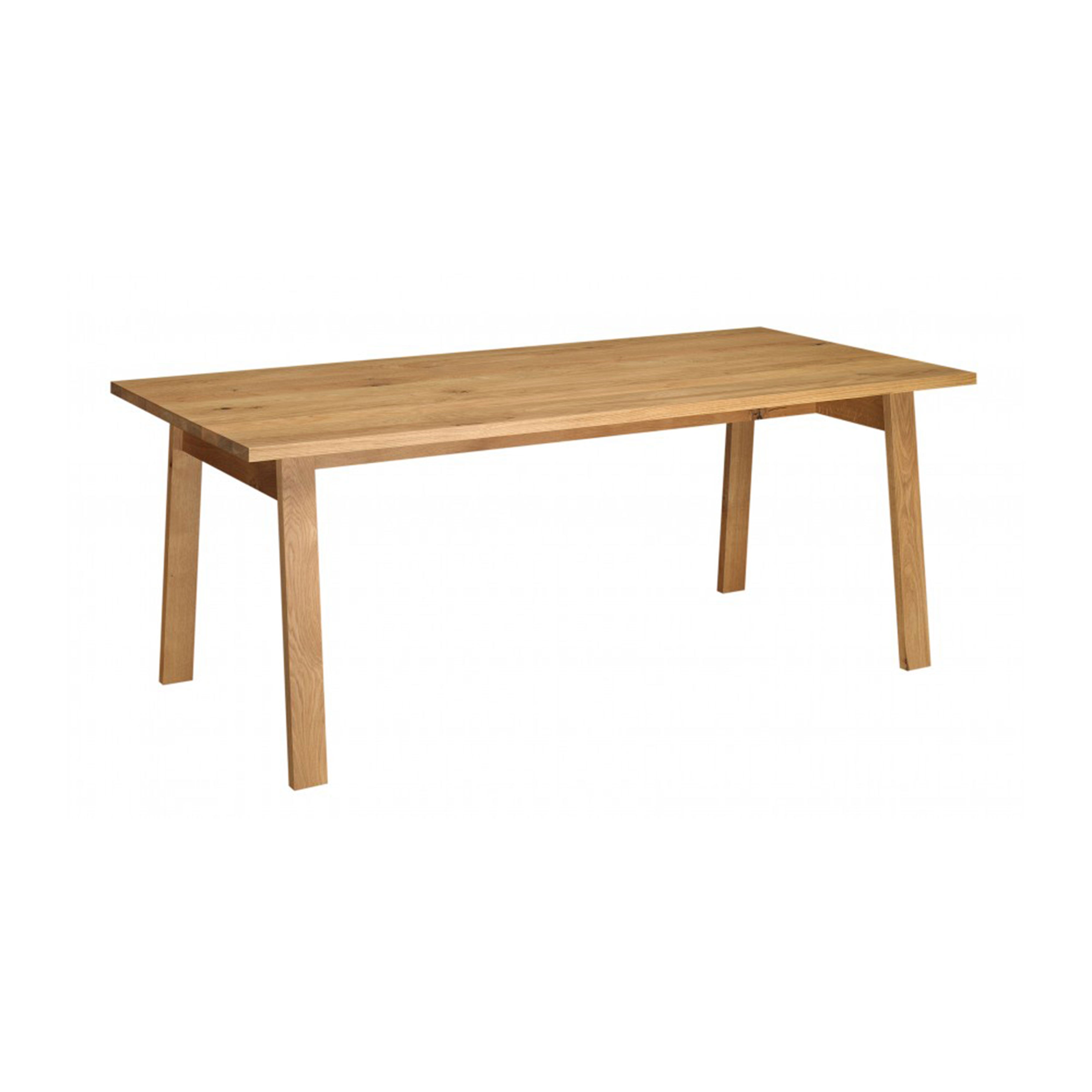 The DC08 Basis Table by E15 is a rectangular wooden dining table featuring solid wood trestles, four outward-angled sturdy legs, a smooth surface with clean edges, and a visible natural wood grain. It is displayed against a white background.