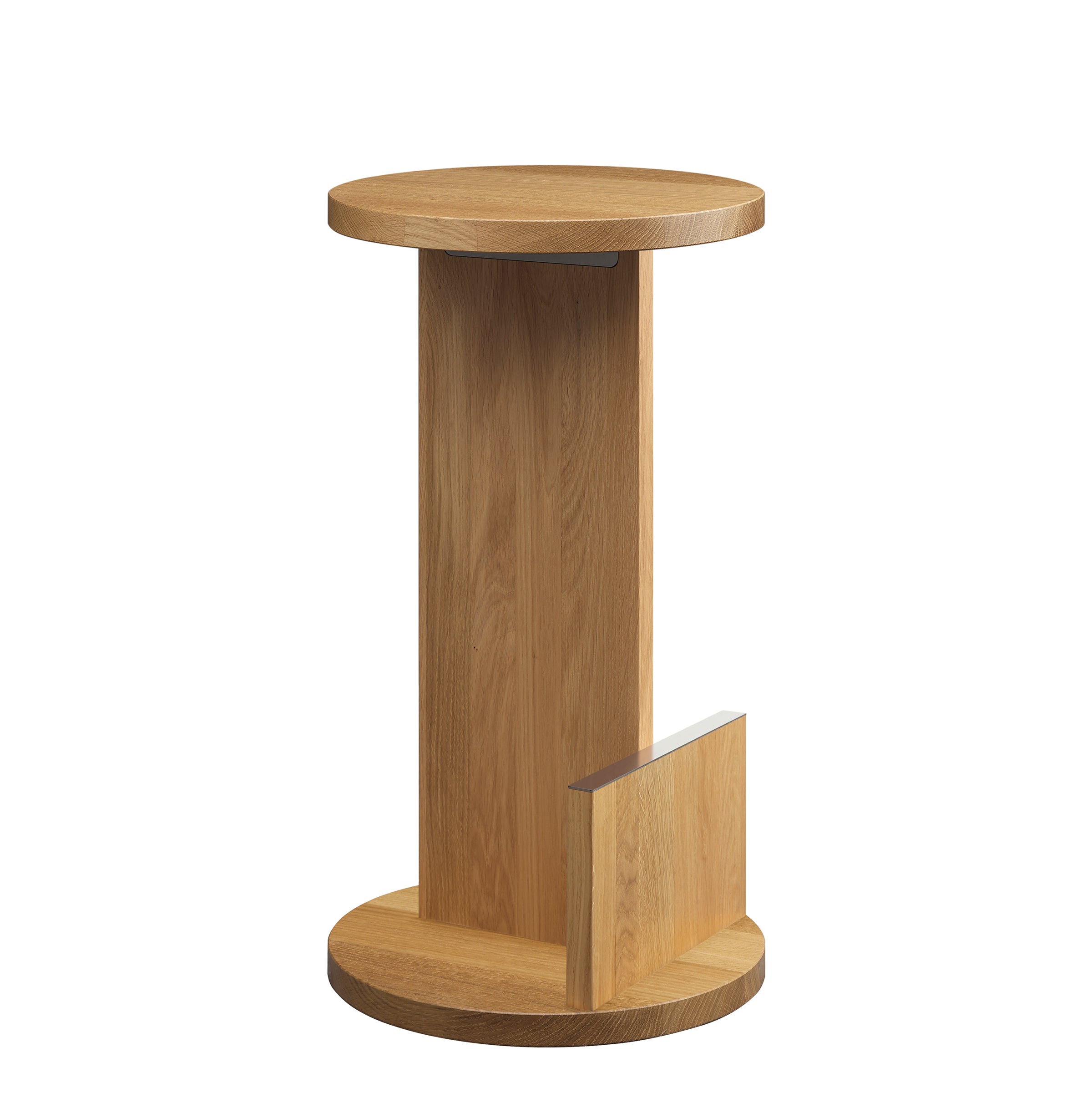 The DT01 Tank Barstool by E15 is crafted from solid European oak with a vertical design. Influenced by David Thulstrups sculptural aesthetics, it features a circular top and base connected by an upright panel, plus an additional small vertical section for unique style.