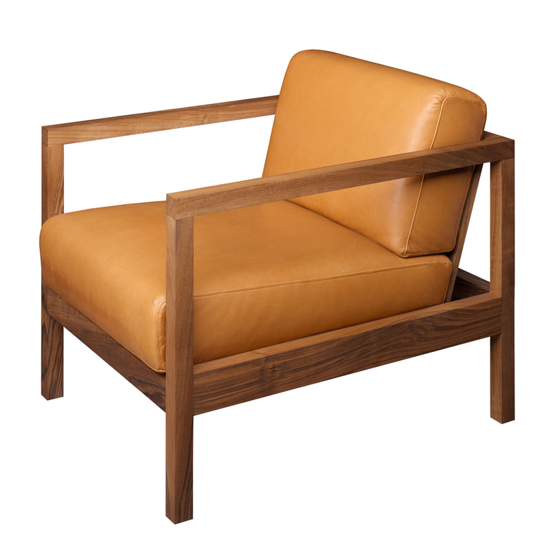 The EC01 BYRON by E15 is a classic smoking chair with a sleek solid wood frame in a warm brown finish and tan leather cushions. Its minimalist design, straight lines, and open sides provide a contemporary and stylish look.