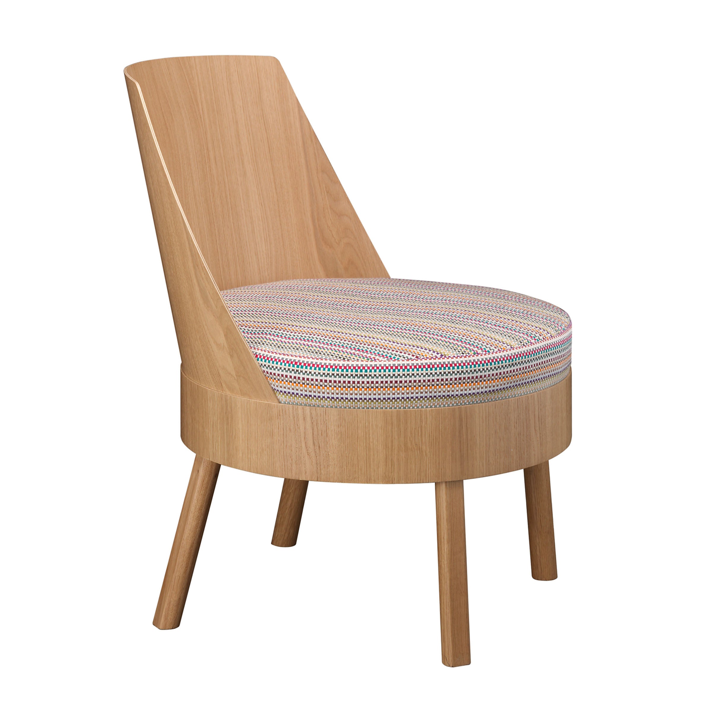 The E15 EC02 BESSY Lounge Chair features a modern design with angled legs, a slanted backrest, and a cushioned round seat in colorful striped fabric. Made from oak veneer plywood, it offers a blend of natural wood tones and contemporary minimalism.