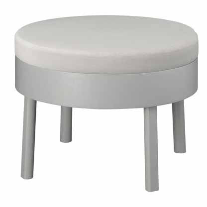 The EC02 BESSY Stool by E15 is ideal for hotel lobbies with its round, light gray cushioned top and four-leg design. Its modern frame features a walnut veneer, while the cushions slightly darker shade adds subtle elegance.