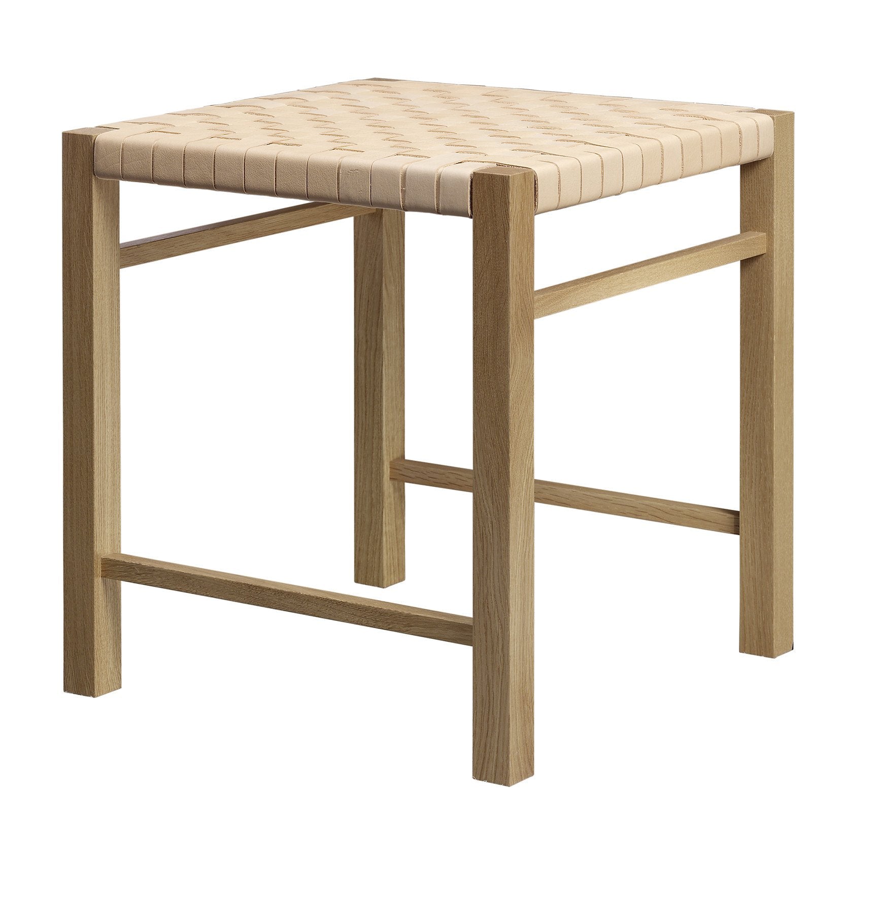 The E15 FK03 ASWAN wooden stool is made from waxed solid oak and features a light frame with a handwoven cream seat, showcasing minimalist design with straight legs and a simple rectangular shape.