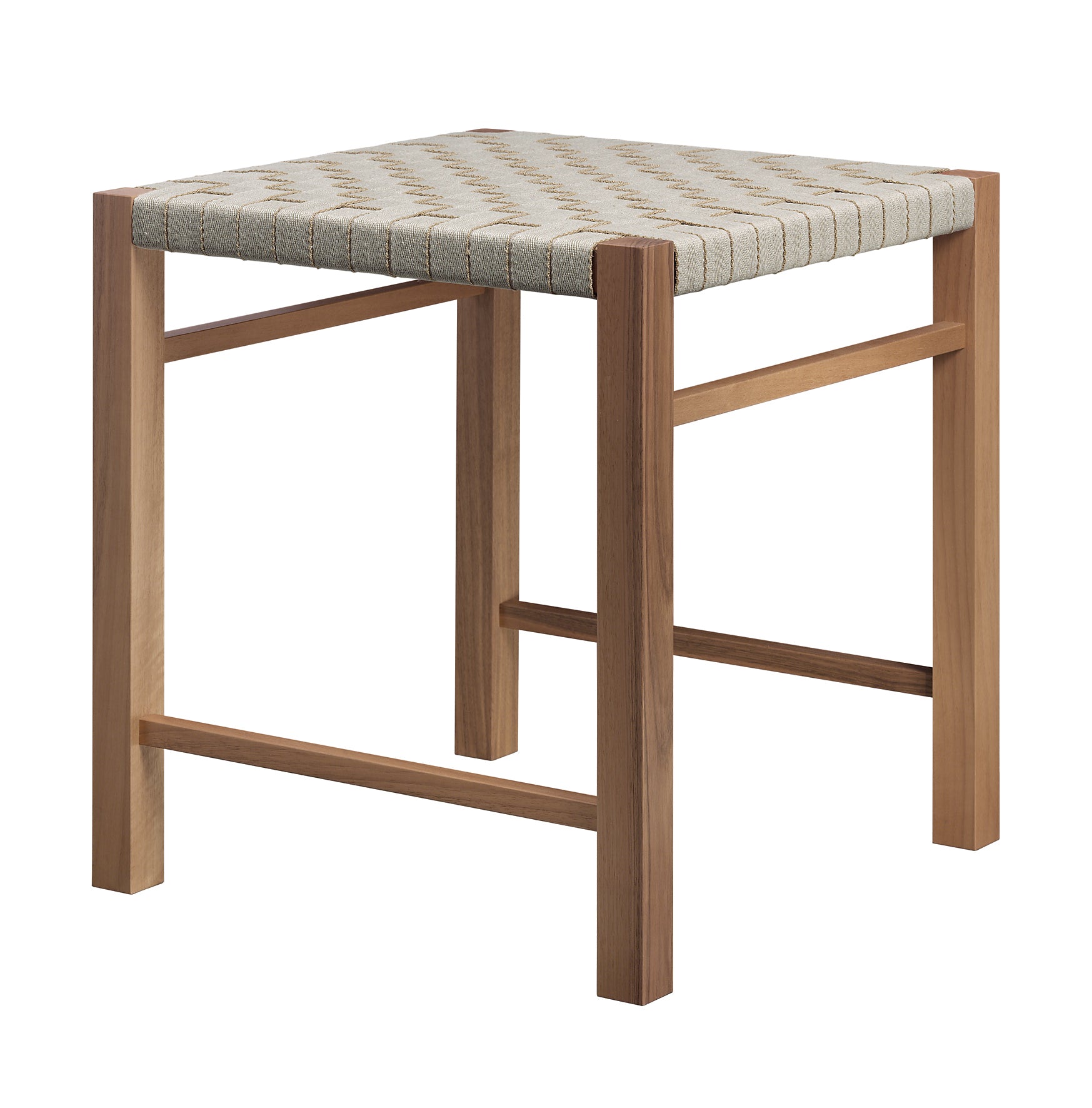 Explore the E15 FK03 ASWAN Stool, showcasing a minimalist waxed solid oak design. Its padded square seat is handwoven in a chic checkered pattern. With four straight legs and no backrest, it perfectly combines simplicity and style.
