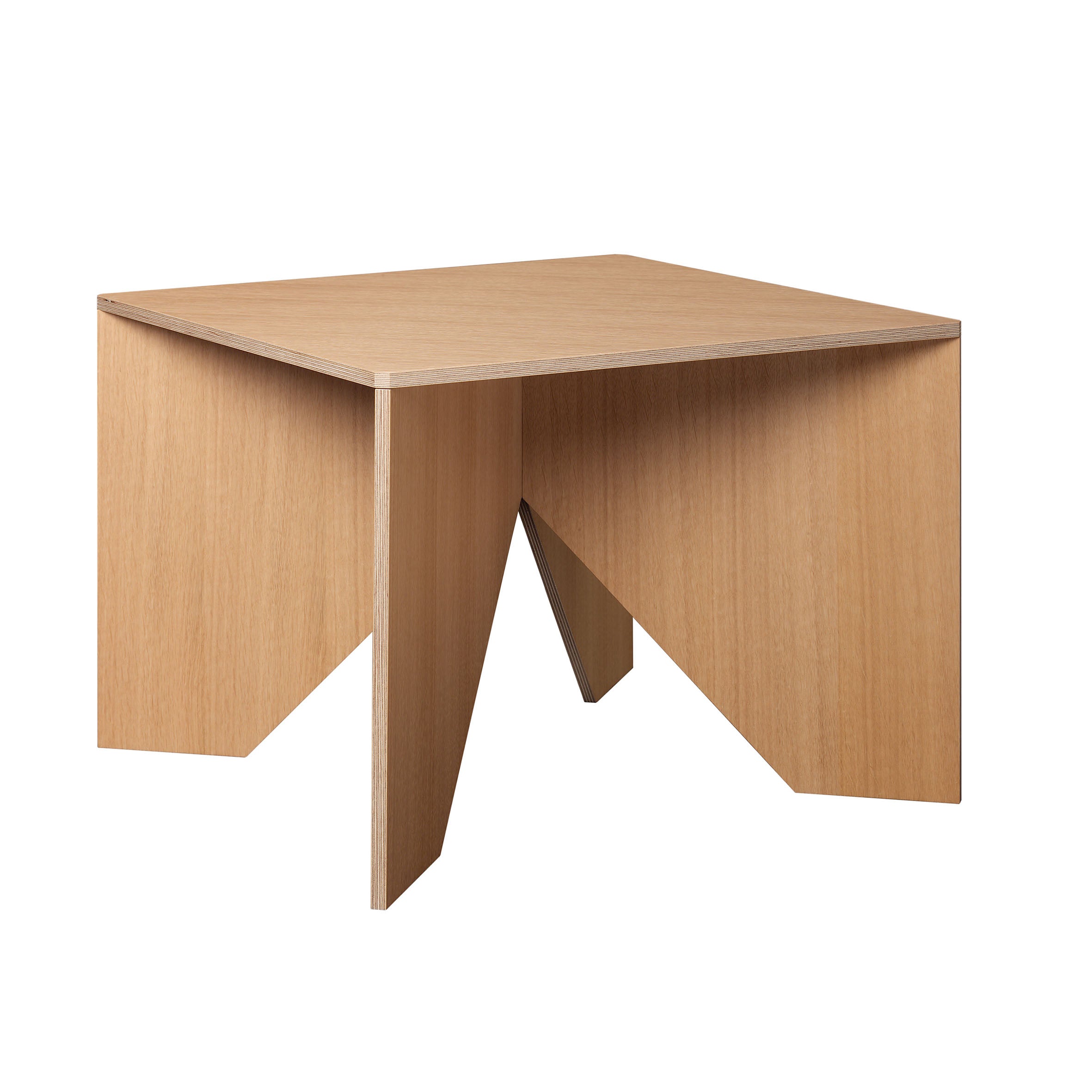 The E15 FK04 CALVERT is a minimalist wooden coffee table featuring a square top and geometrically designed legs with angular cuts. Crafted from light-colored wood with a smooth finish, this knock-down furniture piece offers a modern and artistic look, combining both style and functionality.