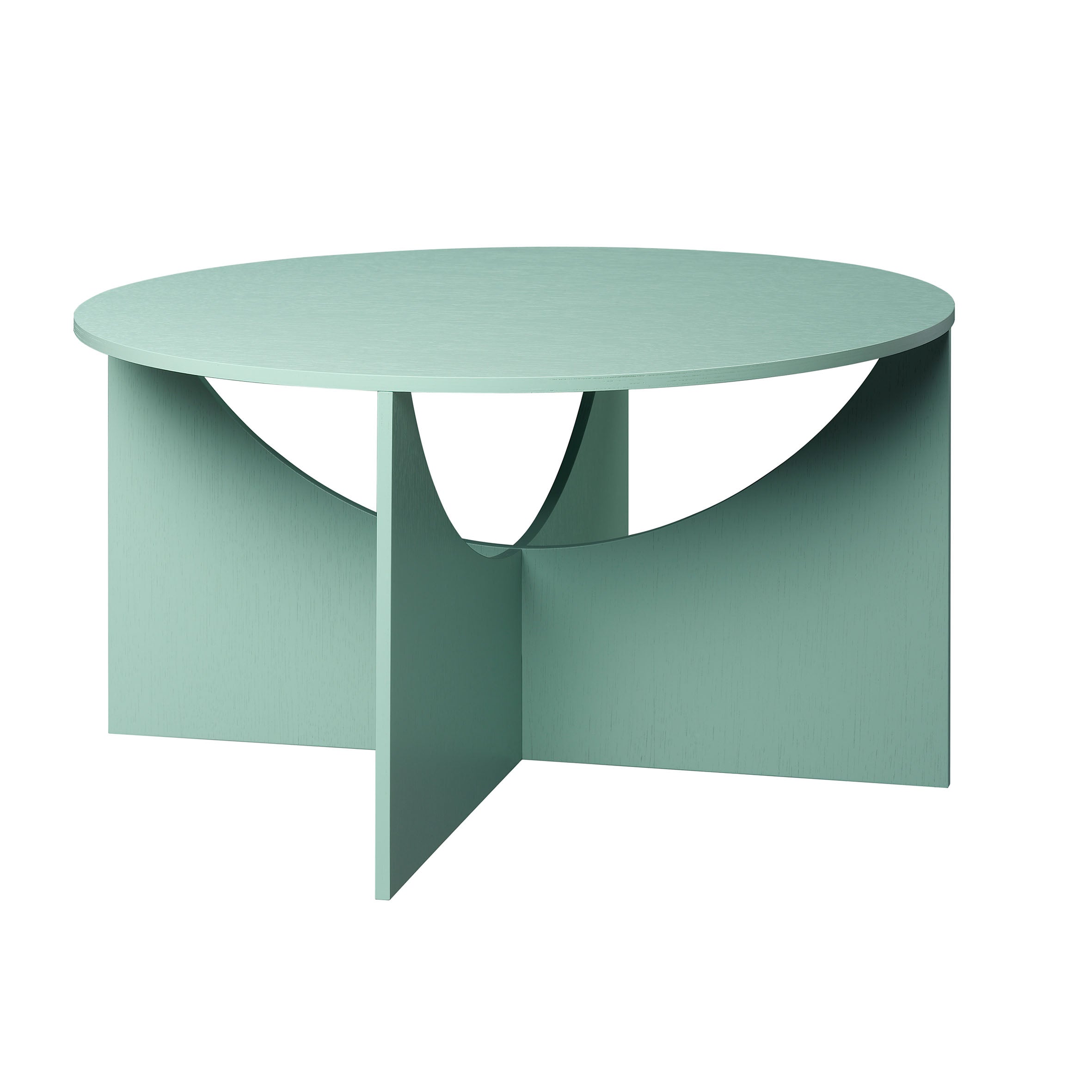 The FK05 CHARLOTTE coffee table by E15 is round and pale green with a smooth top and geometric intersecting base, reflecting Ferdinand Kramers minimalist style through clean lines and a soft color for a modern touch.