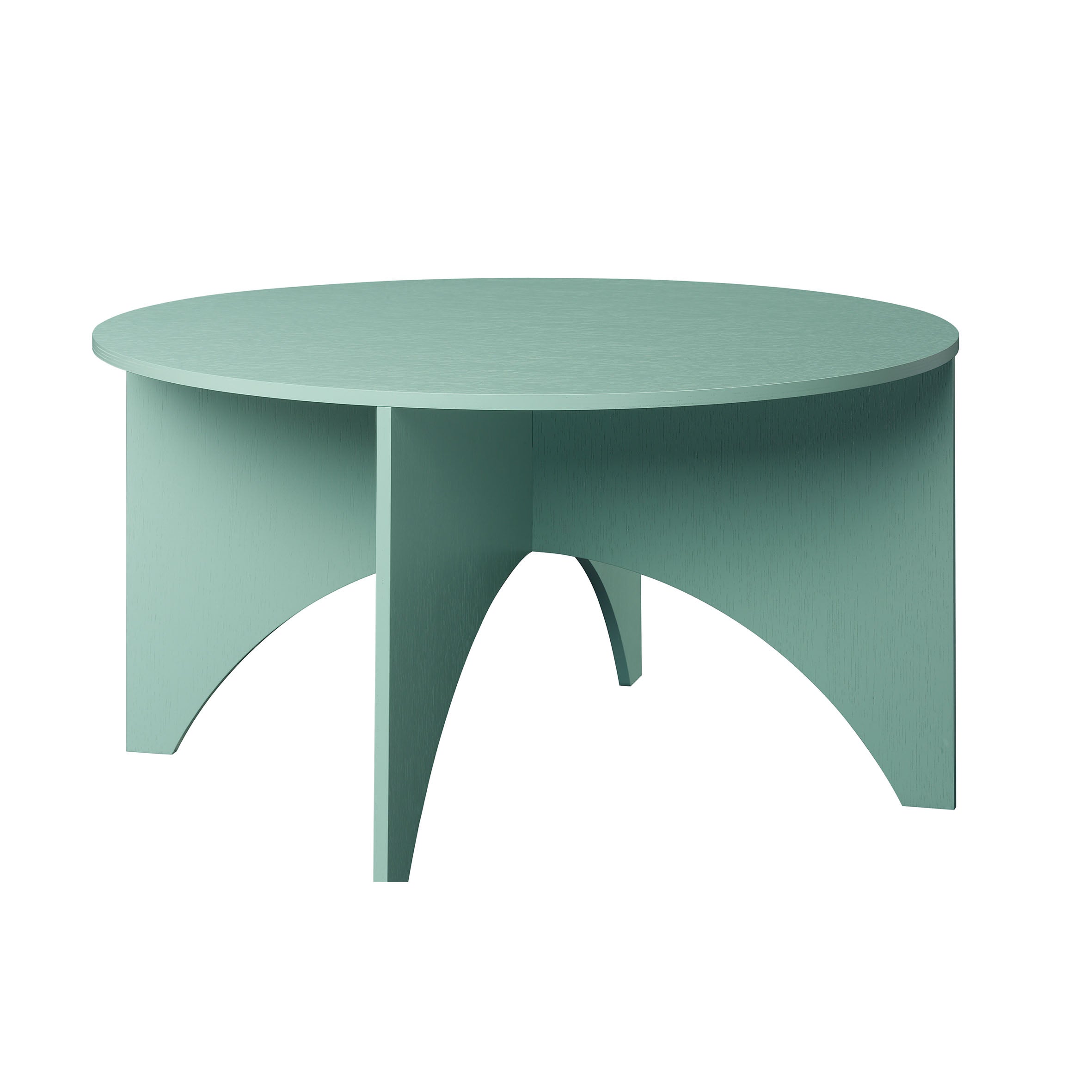 The FK05 CHARLOTTE by E15 is a stylish modern minimalist coffee table, inspired by Ferdinand Kramer. It features a matte mint green finish, with a flat circular top and unique arched legs forming an intersecting geometric design, perfect as a living space centerpiece.