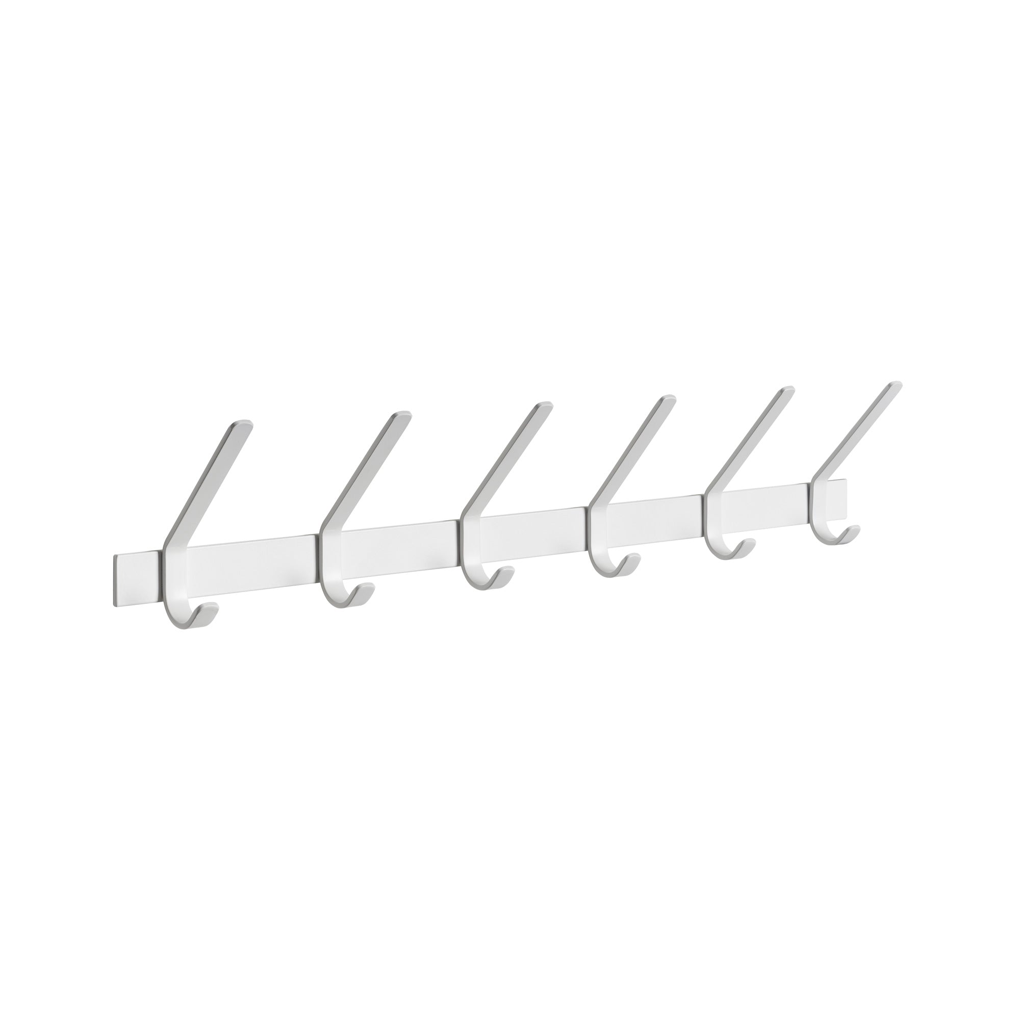 The FK08 UNI by E15, inspired by Ferdinand Kramer, is a wall-mounted coat rack with five evenly spaced hooks on a sleek rectangular base. Made from powder-coated steel, it showcases a minimalist and modern look with its crisp white finish.