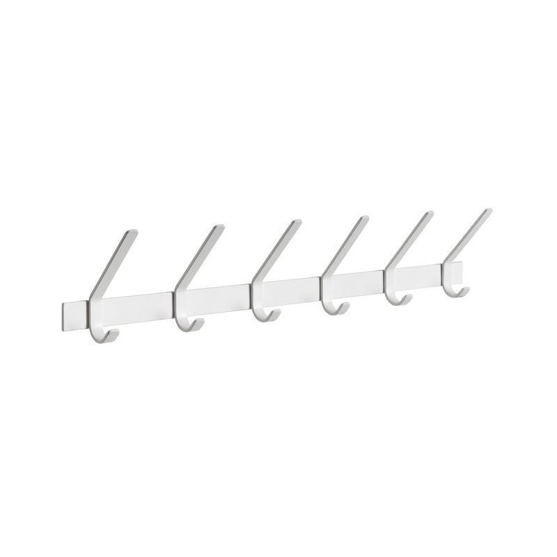 The FK08 UNI by E15, inspired by Ferdinand Kramer, is a wall-mounted coat rack with five evenly spaced hooks on a sleek rectangular base. Made from powder-coated steel, it showcases a minimalist and modern look with its crisp white finish.