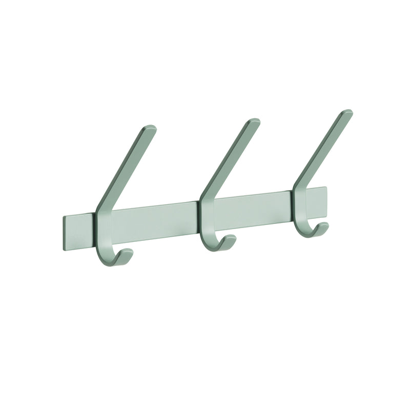 The FK08 UNI by E15 is a wall-mounted coat rack made from powder-coated steel with three green dual-extension hooks. Its sleek, minimalist design is inspired by Ferdinand Kramers modern style, perfect for hanging various items.