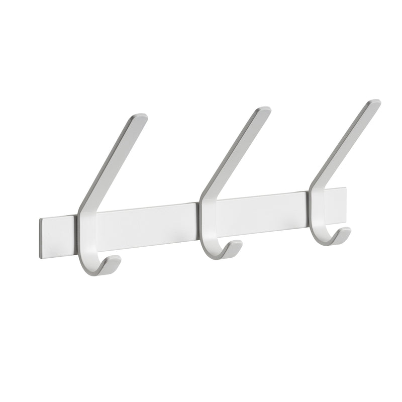 The FK08 UNI by E15 is a minimalist wall-mounted coat rack made from powder-coated steel, featuring three angled hooks inspired by Ferdinand Kramer. Each hook has a straight arm and curved tip, set on a sleek white rectangular base.