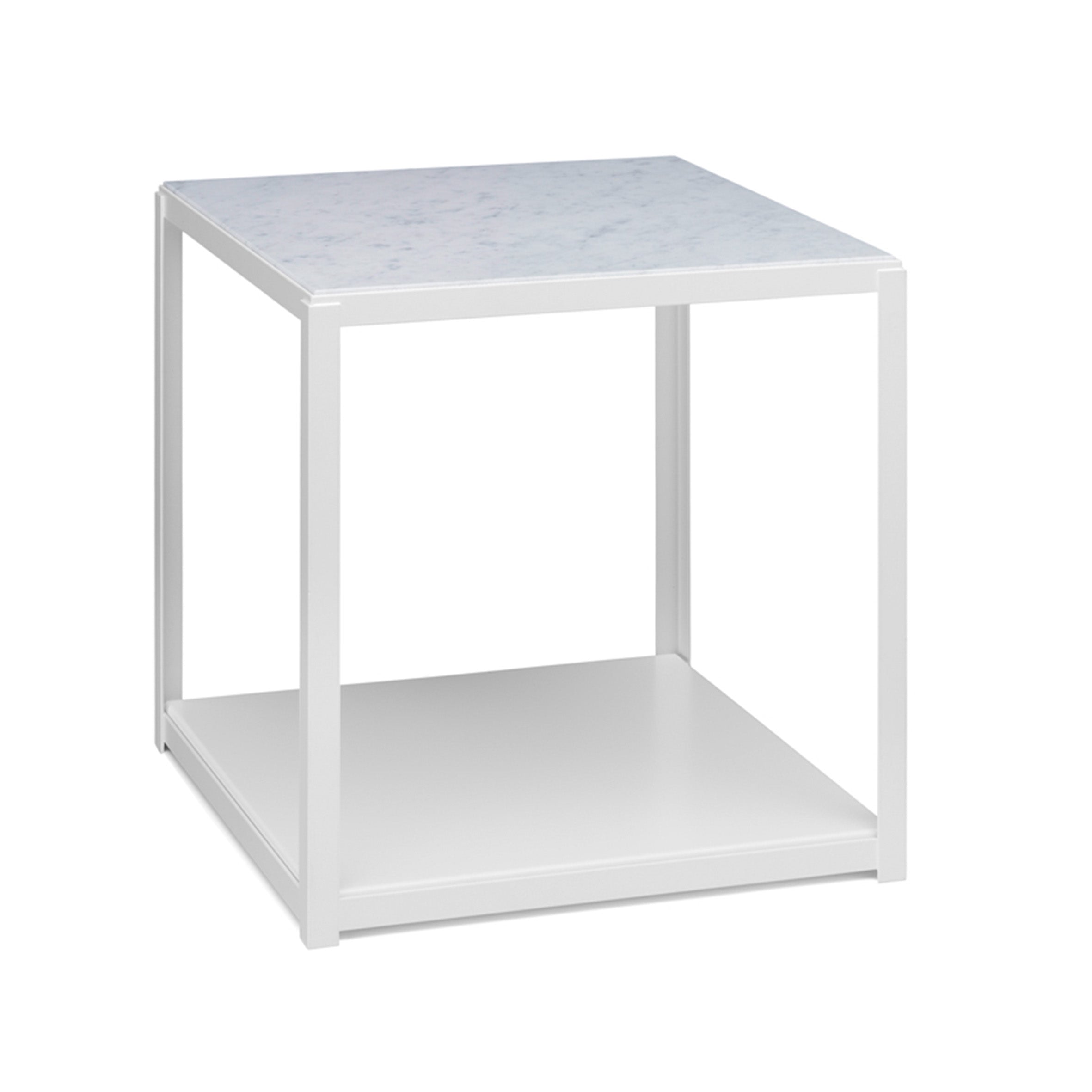 The FK12 FORTYFORTY by E15 is a modern minimalist white square side table crafted from powder-coated steel with a marble-patterned top. It features a simple metal frame and includes a lower shelf for multi-purpose functionality.