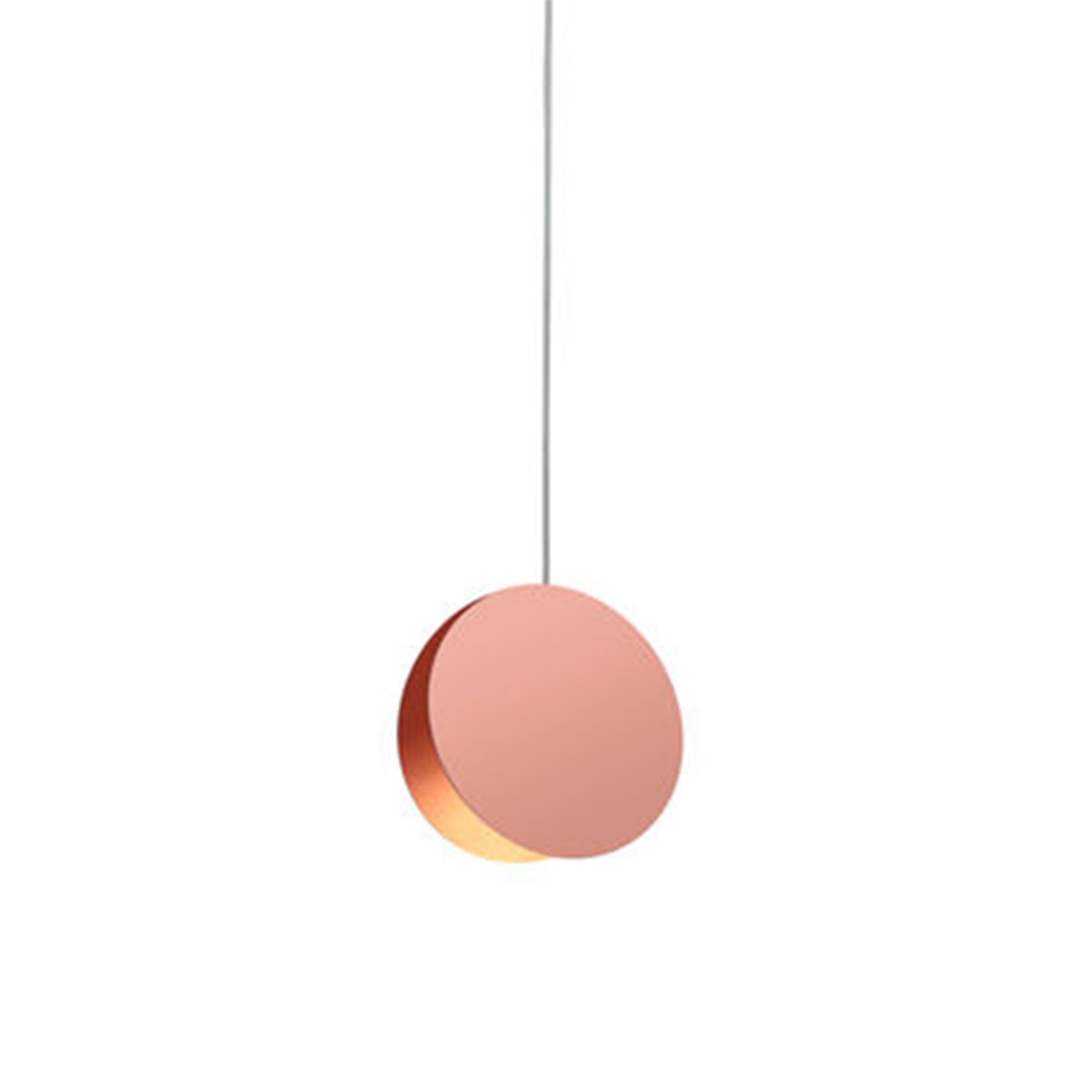 The E15 LT05 NORTH Pendant Light, featuring a minimalist, abstract geometric design with a circular copper-colored shade and thin white cord, hangs elegantly against a plain white background.
