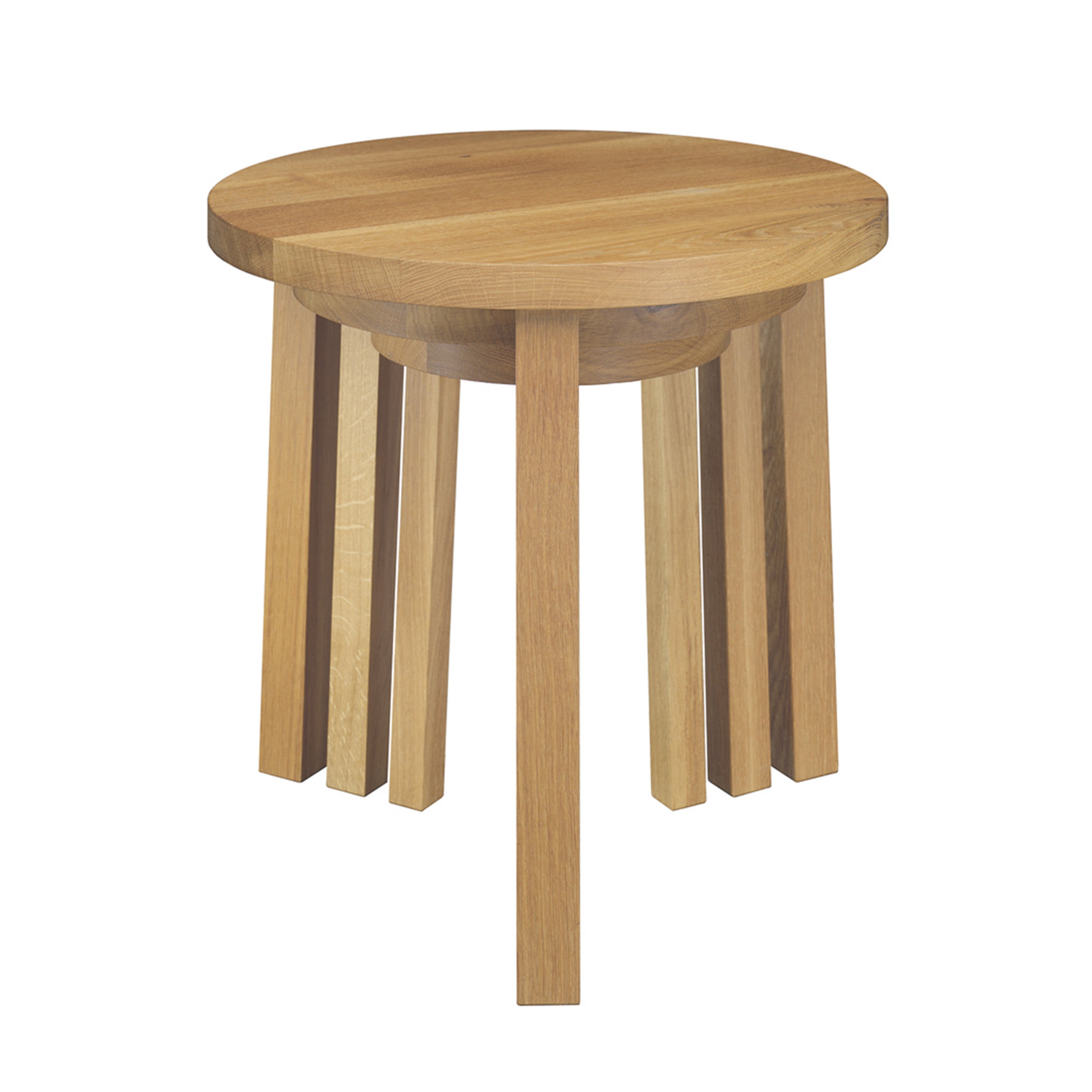 The PA03 ALEX by E15 is a round wooden table featuring an overlapping leg design that creates a layered effect. Its solid wood top showcases a natural grain enhanced by a light, polished finish. Perfect for any space, it’s available as part of a set.