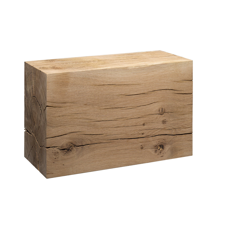 The RAW stool by E15 features a rectangular block of European oak with visible grain patterns and knots, part of the SELECTED collection. Its light brown color and rustic, unfinished appearance enhance its charm.