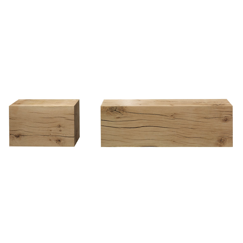 Two wooden rectangular blocks from the E15 RAW collection, crafted from European oak with a light brown finish and natural grain texture, are displayed. The smaller block is on the left and the larger one on the right against a crisp white background.