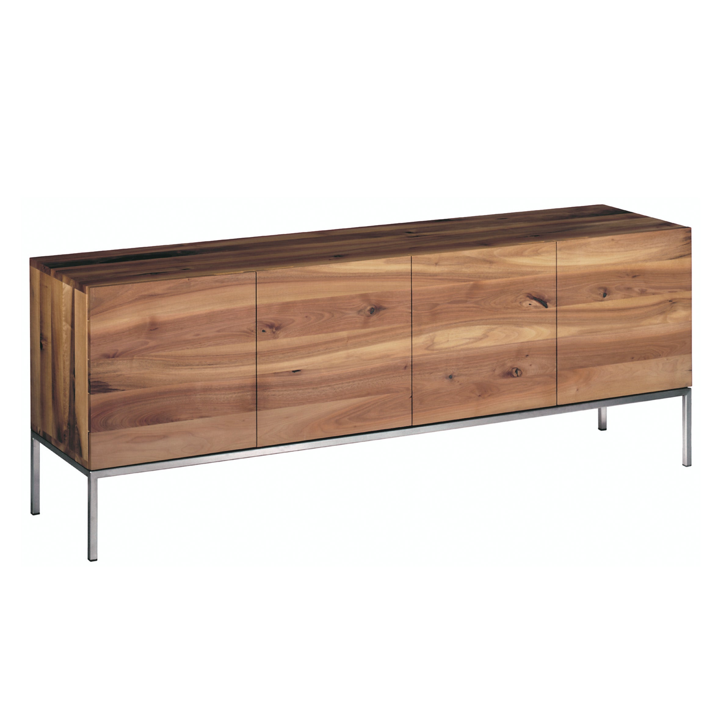 The SB02 FARAH by E15 is a sleek, minimalist solid wood sideboard featuring four doors with aluminum strips and slim metal legs, providing a modern and stylish storage solution.