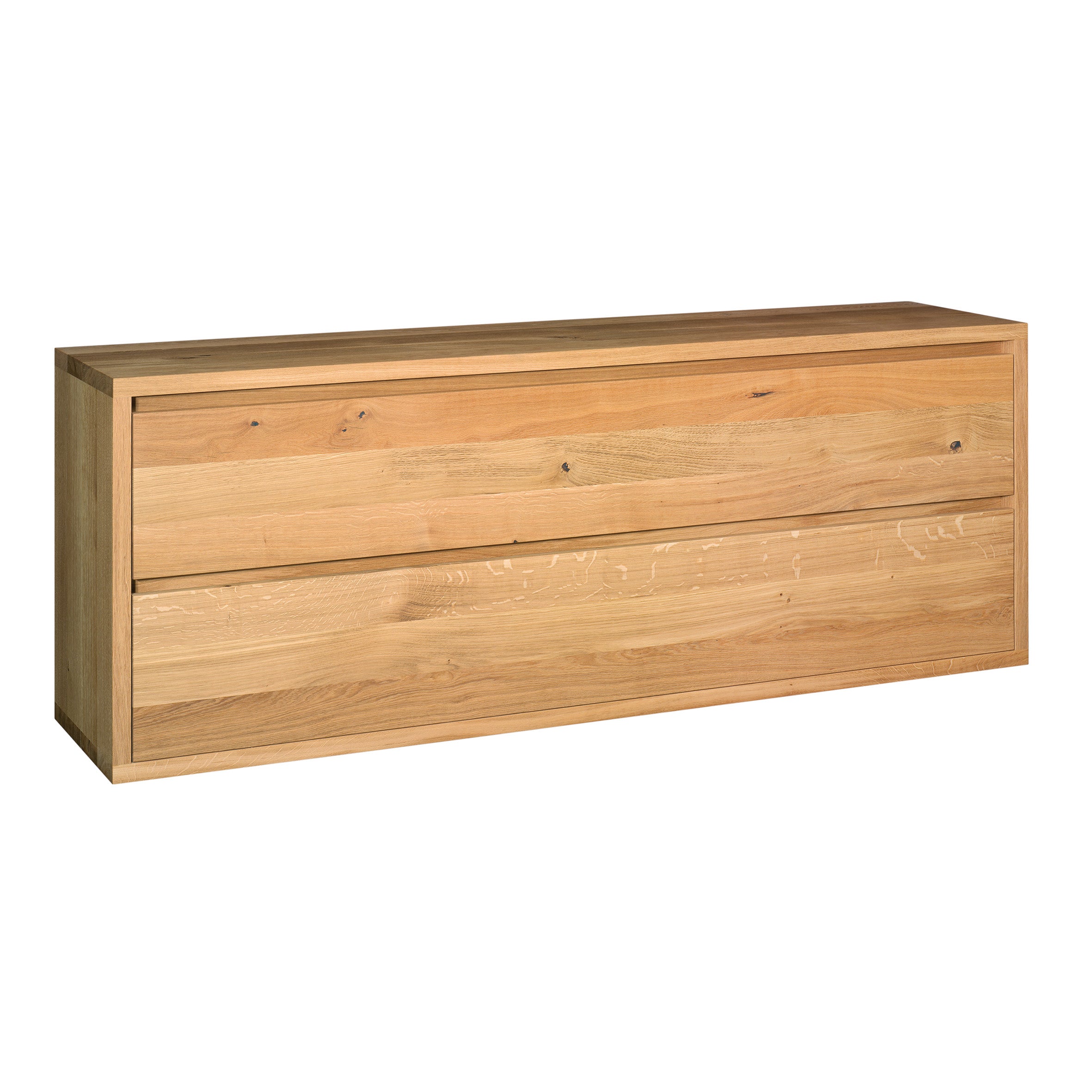 The SB05 IMARI by E15 is a wall-mounted rectangular cabinet made from solid wood, featuring a natural oak finish and two horizontal drawers.