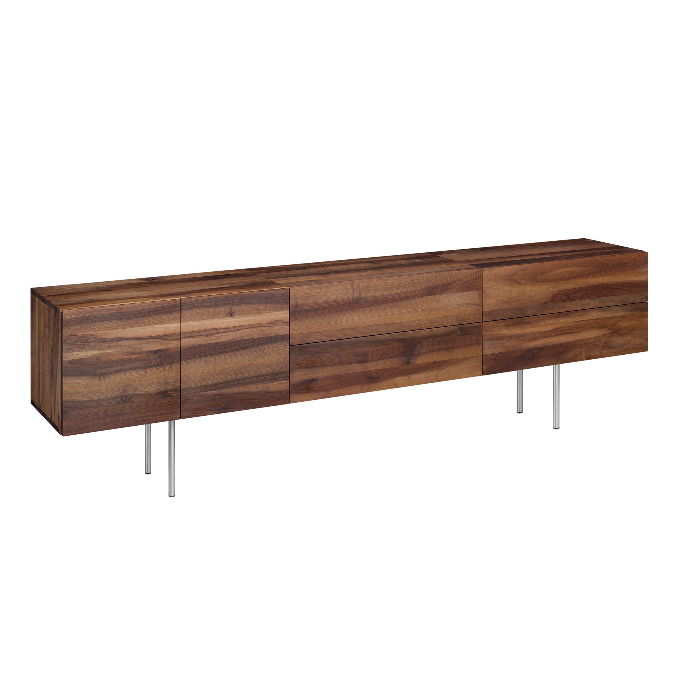 The SB07 SHAHNAZ by E15 is a long, elegant modular sideboard with a rich, dark brown finish. Sleek design includes two cabinet doors, a central drawer, and four slender metal legs—ideal for adding sophistication to any space.