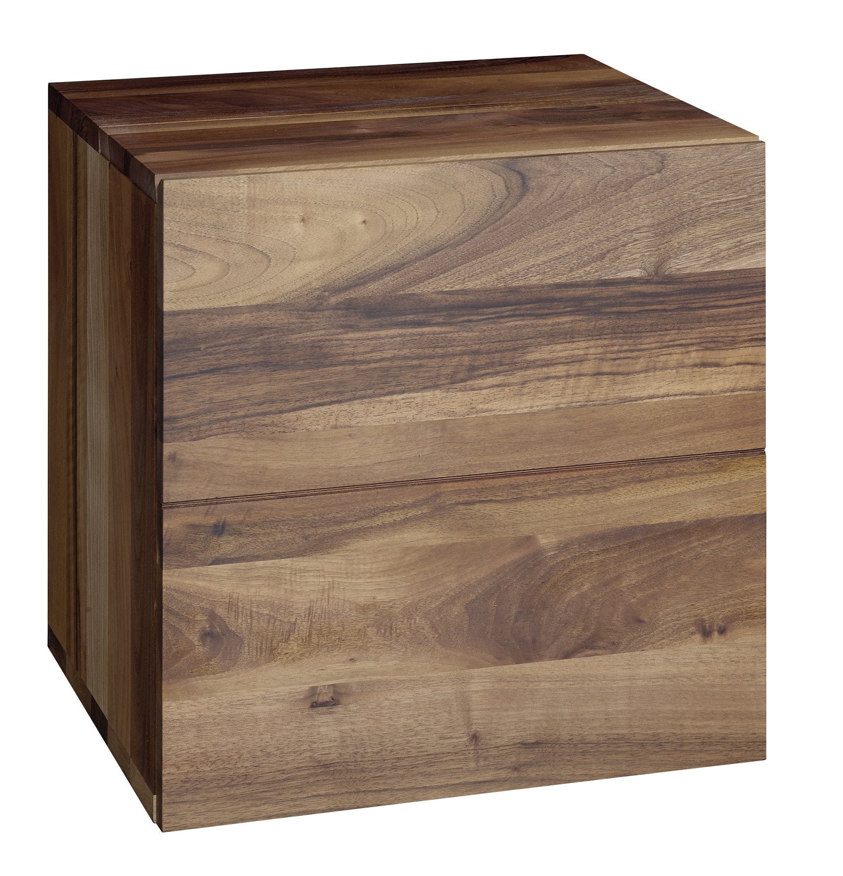 The E15 SB10 ARAQ is a wooden, cube-shaped table with natural grain patterns and brown tones reminiscent of a rustic bar cabinet. Its smooth surface, sharp edges, and minimalist design exude elegance akin to polished brass interiors.