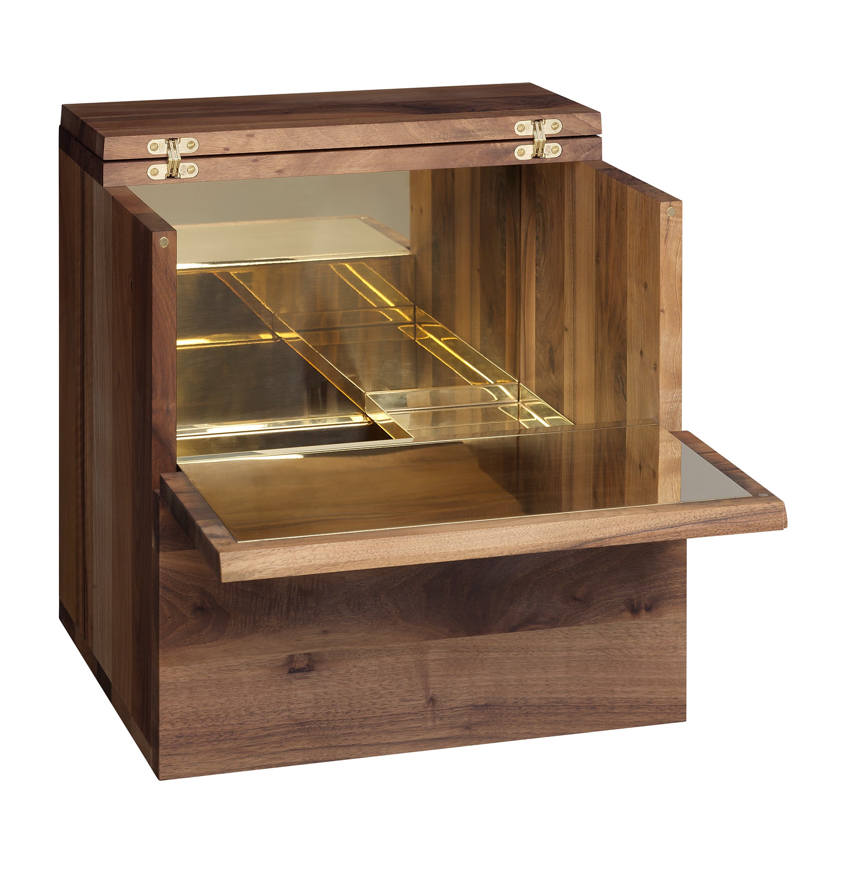 The E15 SB10 ARAQ is a sophisticated wooden bar cabinet with brass hinges and a drop-front door, revealing a polished brass interior. It includes an open lid, mirrored surfaces, and a sliding brass tray, all intricately designed.