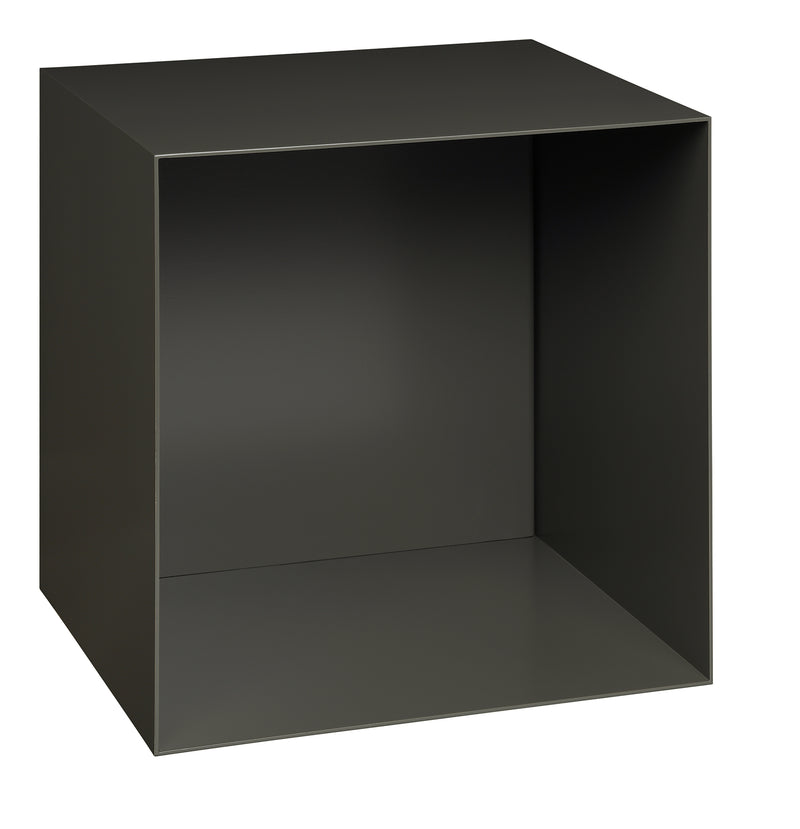Introducing the E15 SB11 DARA shelf: a black, open-faced, cube-shaped design made from powder-coated aluminum. Part of our exclusive sideboard series, this piece offers both style and functionality against a pristine white background.
