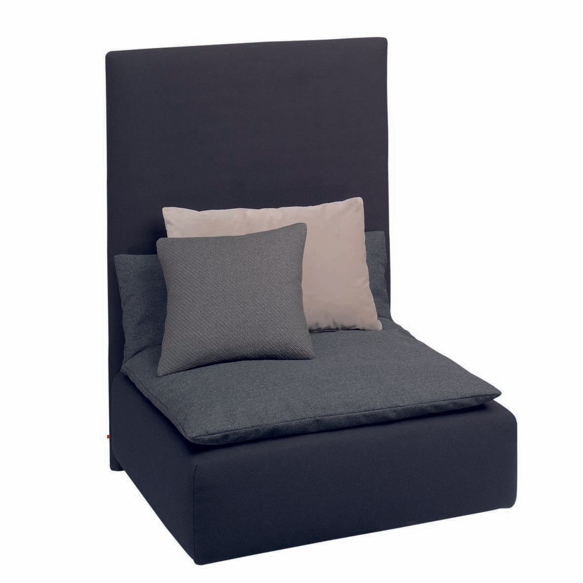 The SF03 SHIRAZ by E15 is a modern, dark gray armchair with a tall backrest and two cushions in varying shades of gray. Its sleek, minimalist design pairs effortlessly with Persian seating islands, adding elegance to contemporary interiors.
