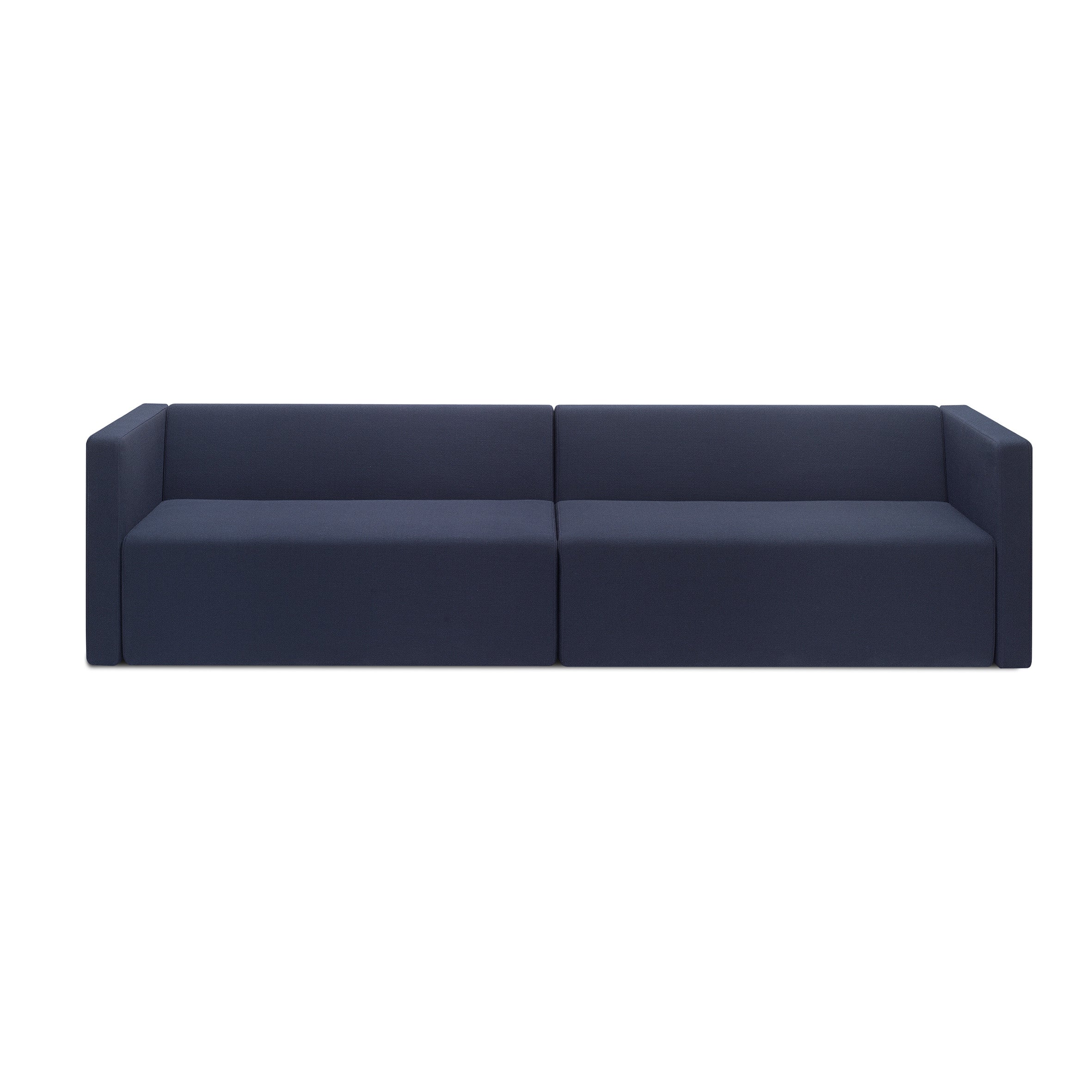 The SF06 KERMAN by E15 is a modern, minimalist dark blue sofa with clean lines and squared armrests. It features a two-cushion design and removable covers, placed against a white background to highlight its contemporary aesthetic.