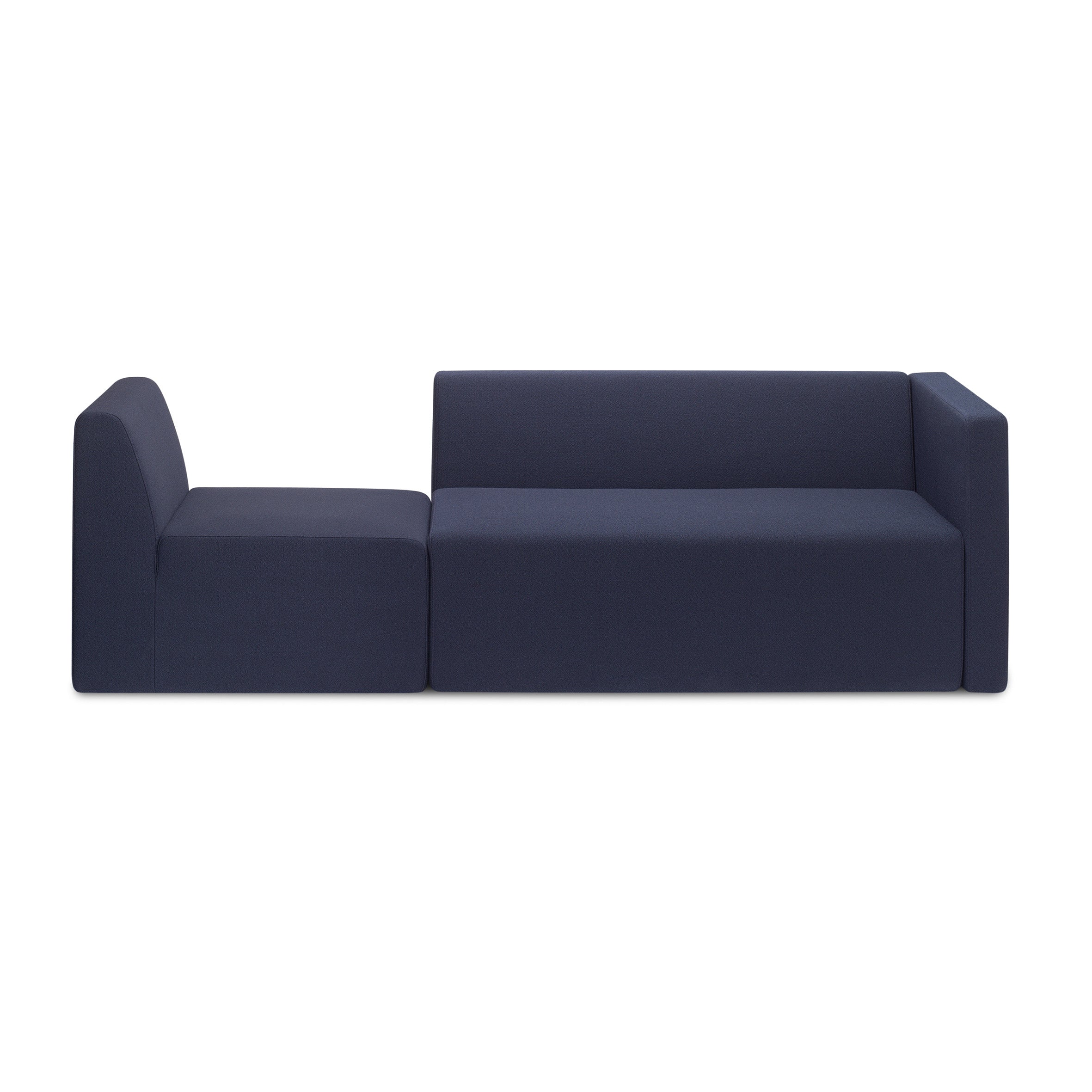 The SF06 KERMAN by E15 is a modern, modular dark blue sofa with three rectangular sections. It features minimalist design, clean lines, and removable covers for easy maintenance, perfectly blending into a plain white background.