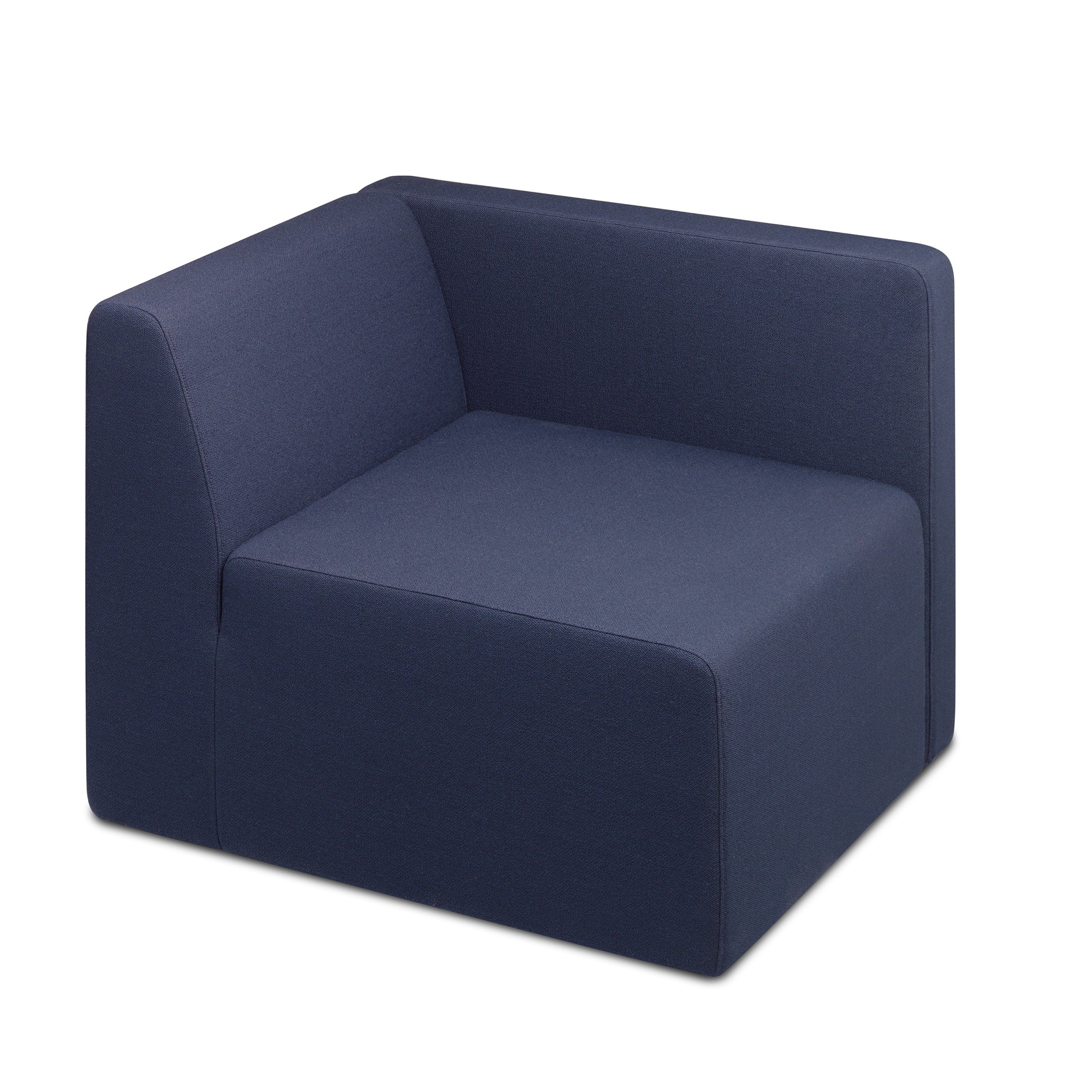 The SF06 KERMAN by E15 is a modern corner chair in dark blue with a boxy design. Its part of the versatile seating modules collection and features a high backrest, an armrest on one side, smooth fabric upholstery, and a simple geometric shape for a minimalist contemporary look.