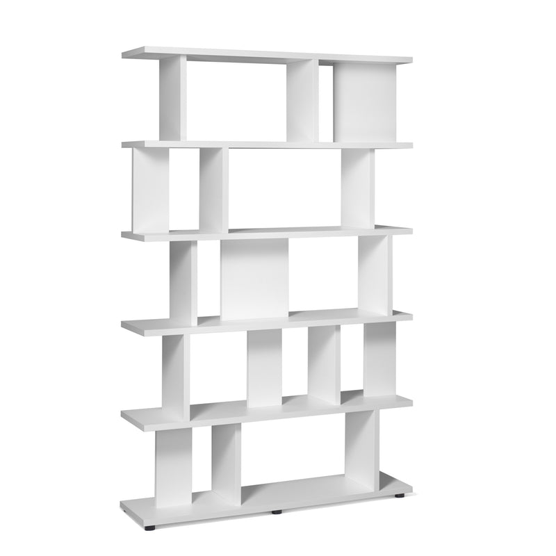 The E15 SH05 ARIE is a white, modern bookshelf with asymmetrical shelves and a geometric pattern, featuring five tiers of horizontal and vertical compartments. This freestanding room divider boasts a sleek, open, and minimalist design.