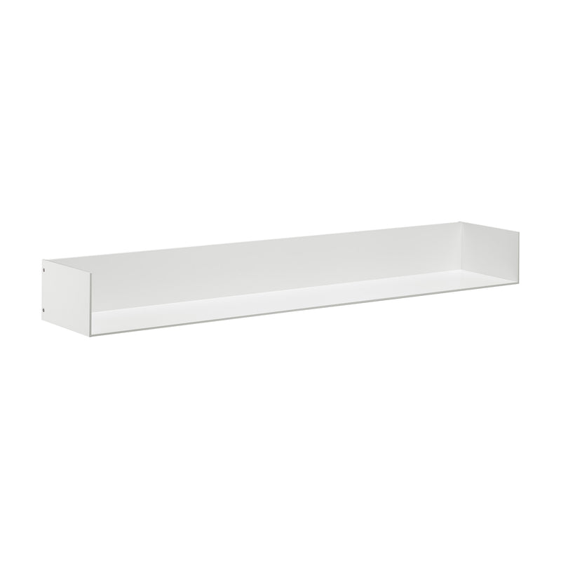 The SH06 PROFIL by E15 is a minimalist wall-mounted aluminum shelf featuring a sleek rectangular design and smooth white finish. This artistic piece extends horizontally with short side panels for support, set against a plain white background.