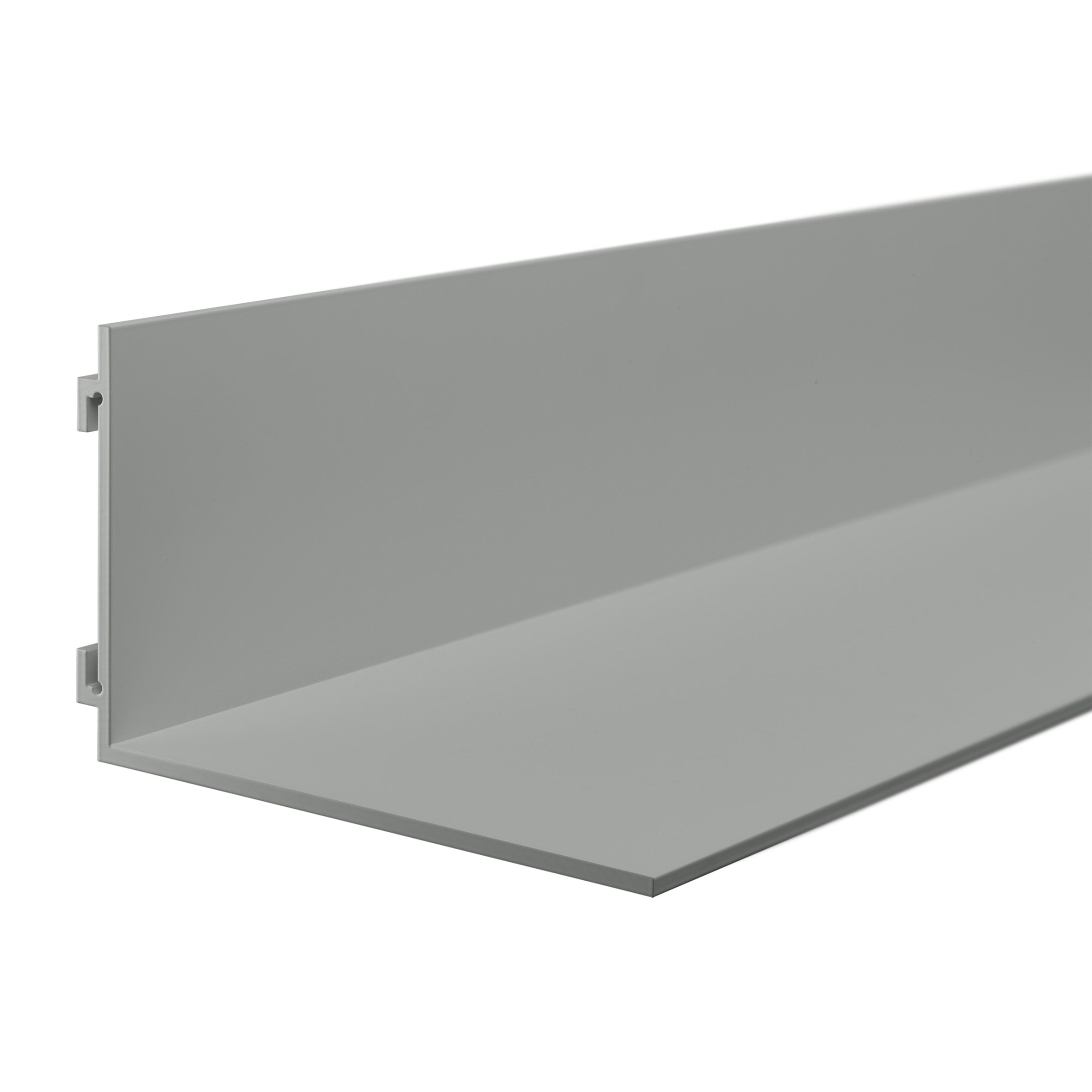 The SH06 PROFIL by E15 is a gray metal baseboard with a sleek, flat rectangular design angled to the side. Its smooth surface and clean edges exude minimal art, perfect for modern or minimalist interiors.