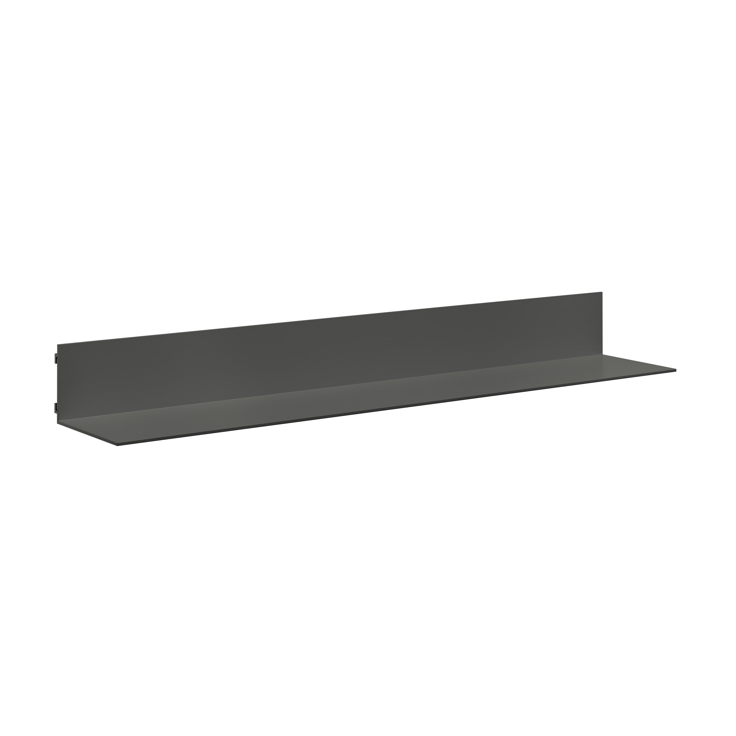 The SH06 PROFIL by E15 is a dark grey wall-mounted shelf with a minimalist design and sturdy back panel. Its sleek aluminum finish makes it ideal for home or office use, offering a flat surface for storage or display while embodying minimalist art.