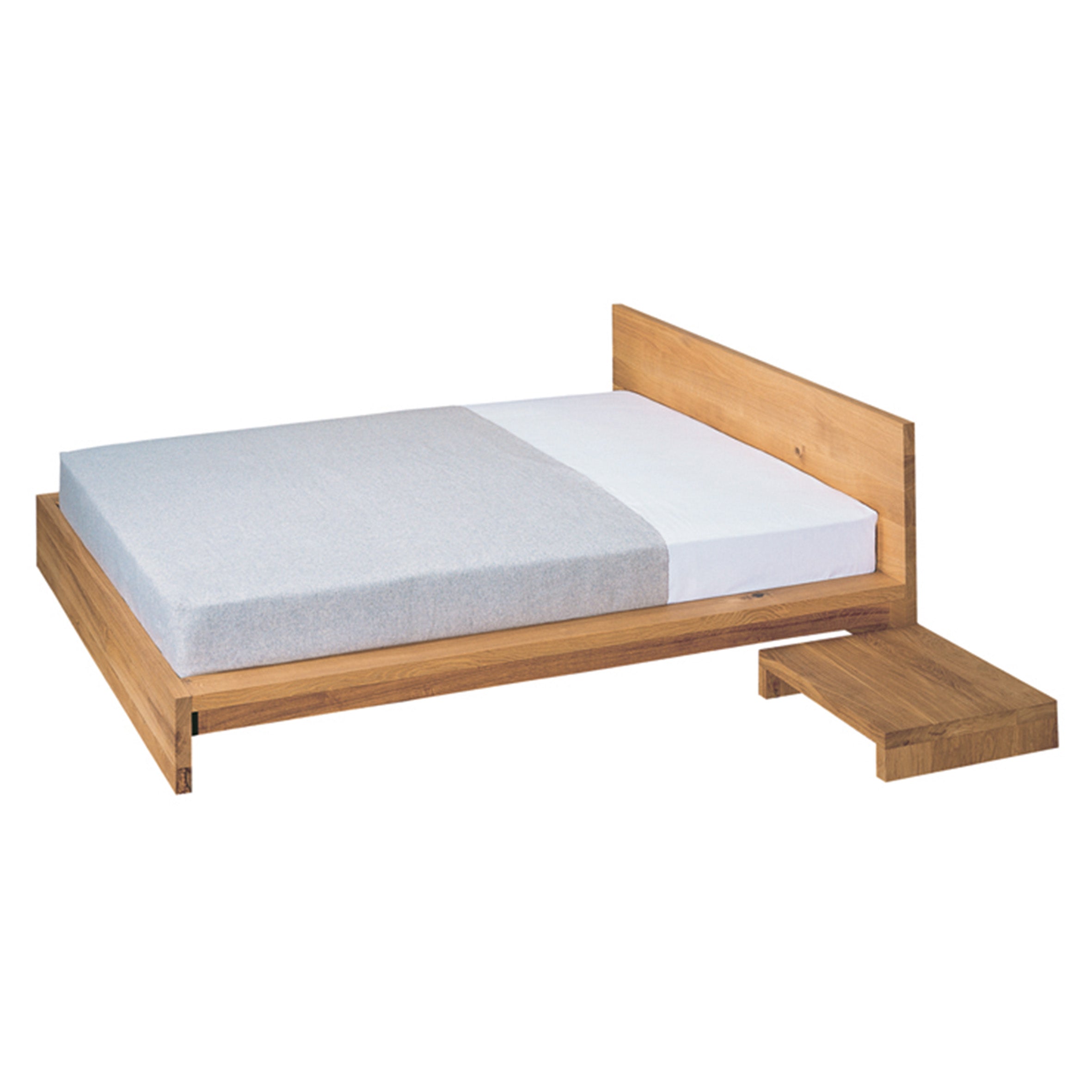 The E15 SL02 MO is a minimalist solid wood bed featuring a simple headboard, light grey mattress, and white bedding. It includes a matching small wooden side table, all set against a plain white background.