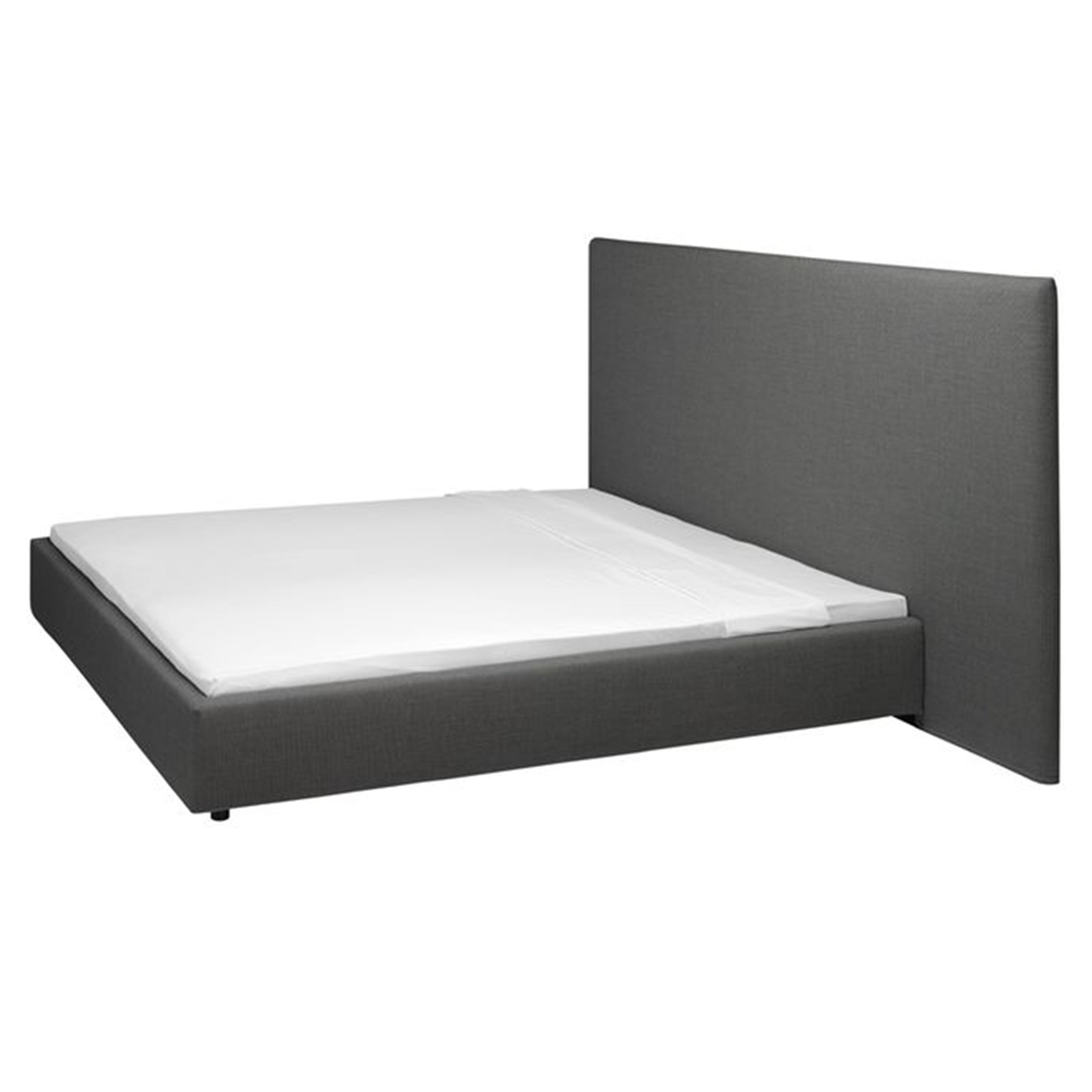 The E15 SL05 PARDIS is a modern platform bed featuring a grey upholstered frame, a tall rectangular headboard, and shown with a crisp white mattress, highlighting its minimalist design.