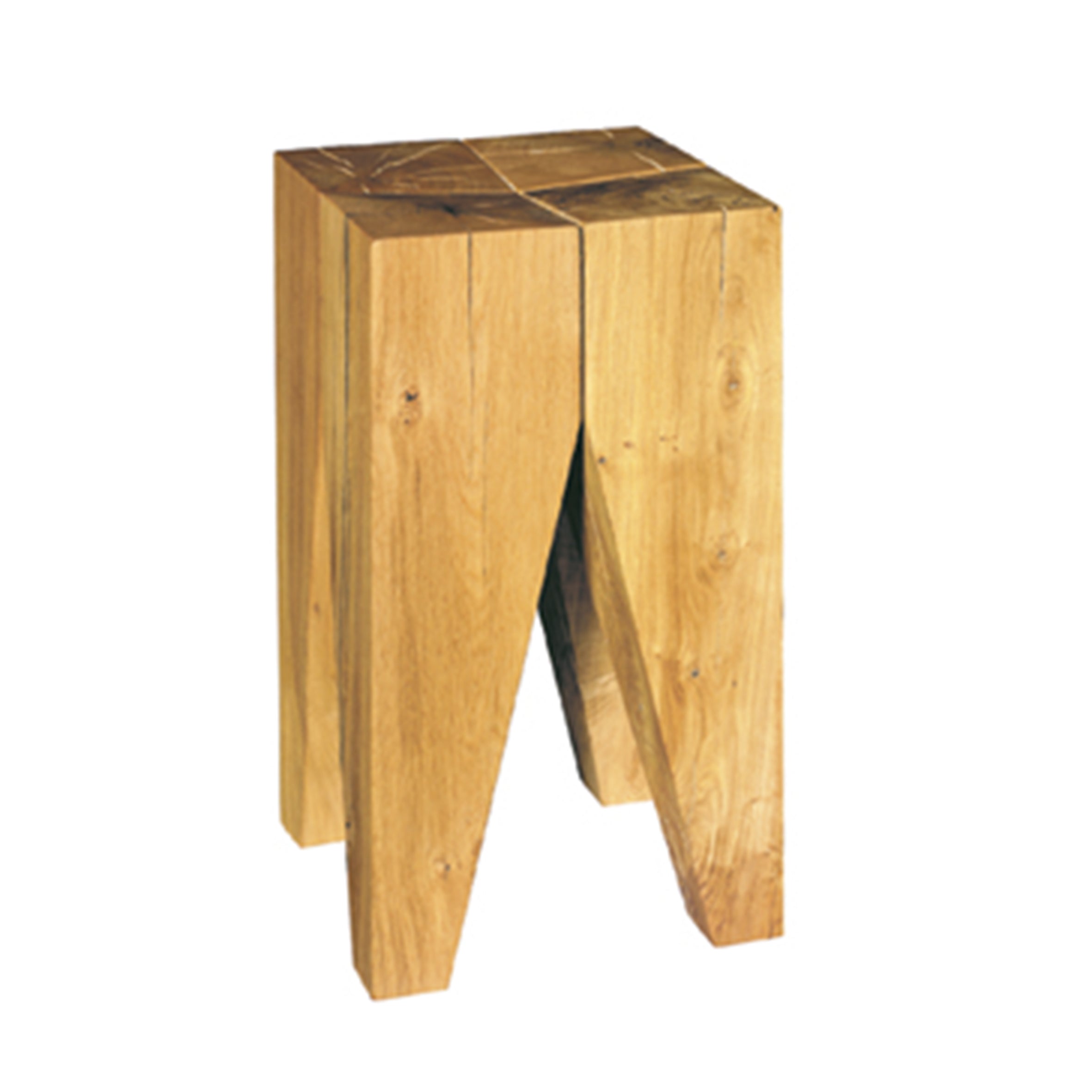 The E15 ST04 BACKENZAHN side table features a distinct geometric design with four thick rectangular legs, a flat square top, and natural wood grain that enhances its classic character.